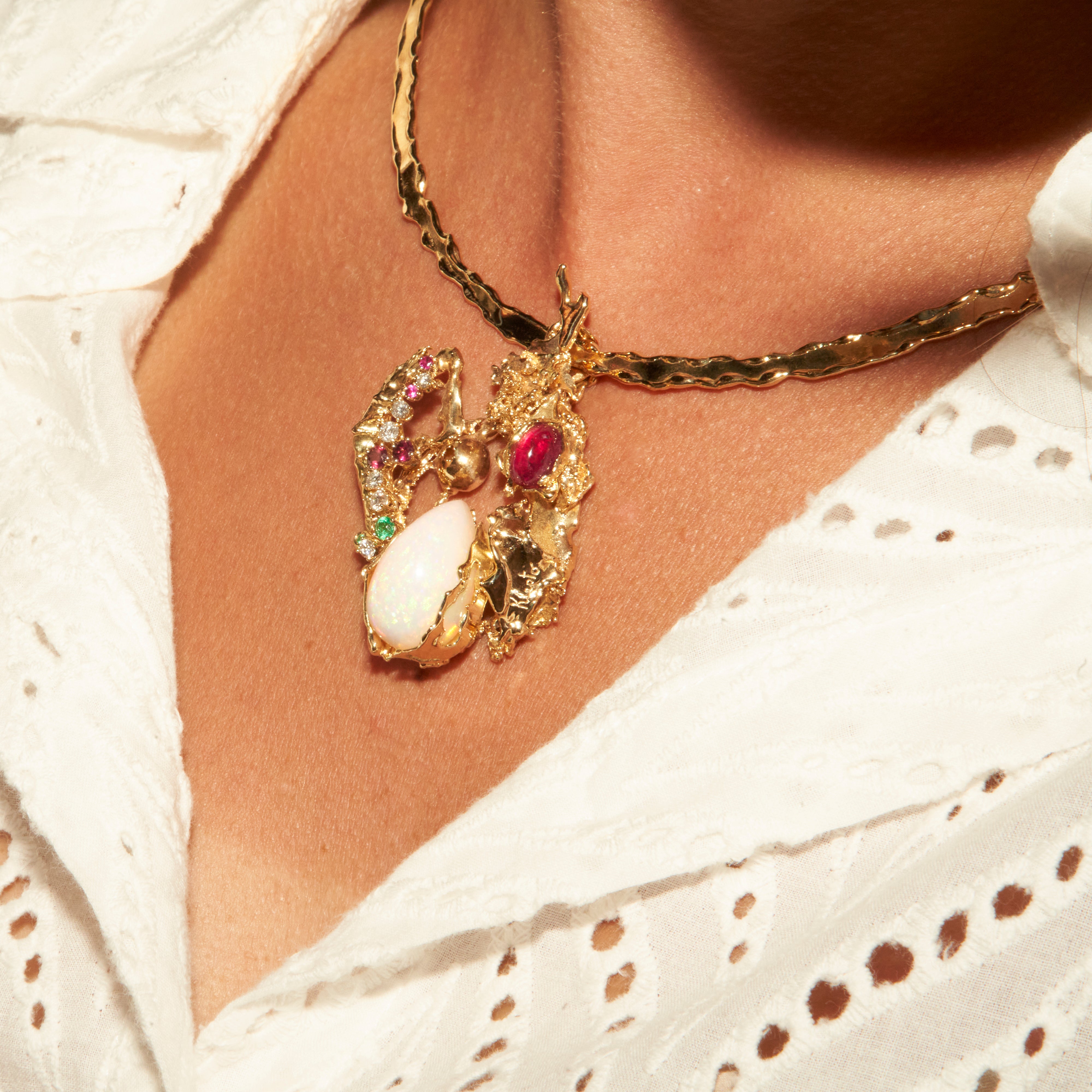 Yellow gold necklace with Opal, Tourmaline, Emeralds, Rubies, Rhodolites and Diamonds