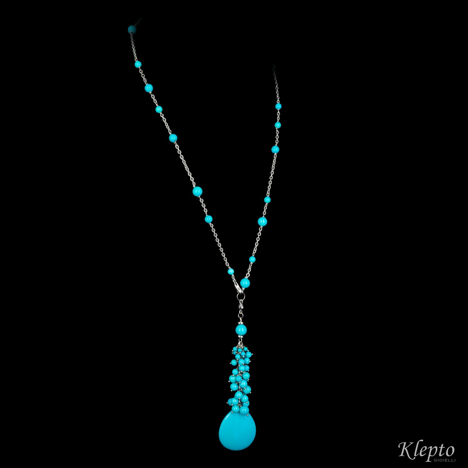 Tassel necklace in white gold with Turquoise