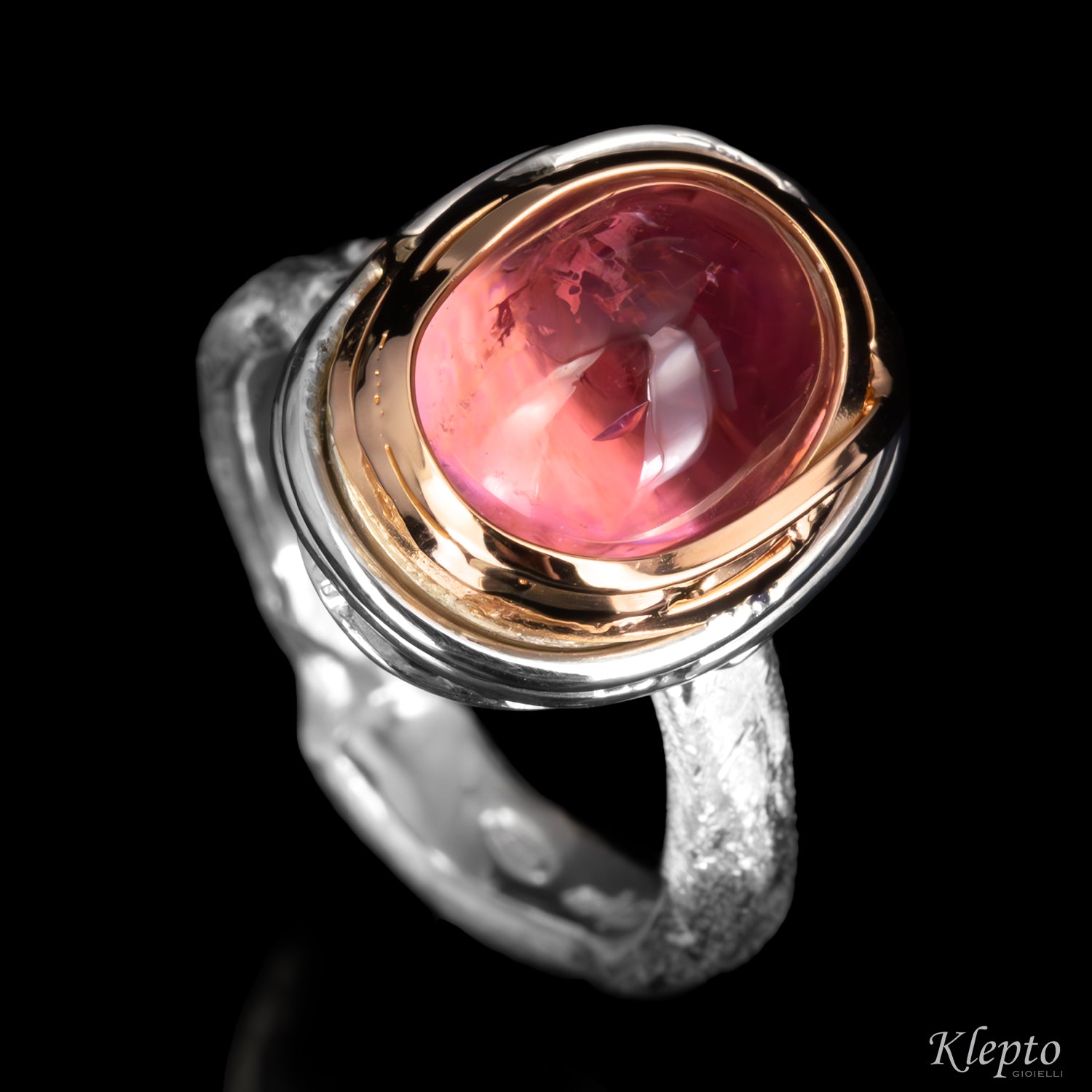 Silver Silnova® "Bumba" ring with pink tourmaline cabochon and rose gold details