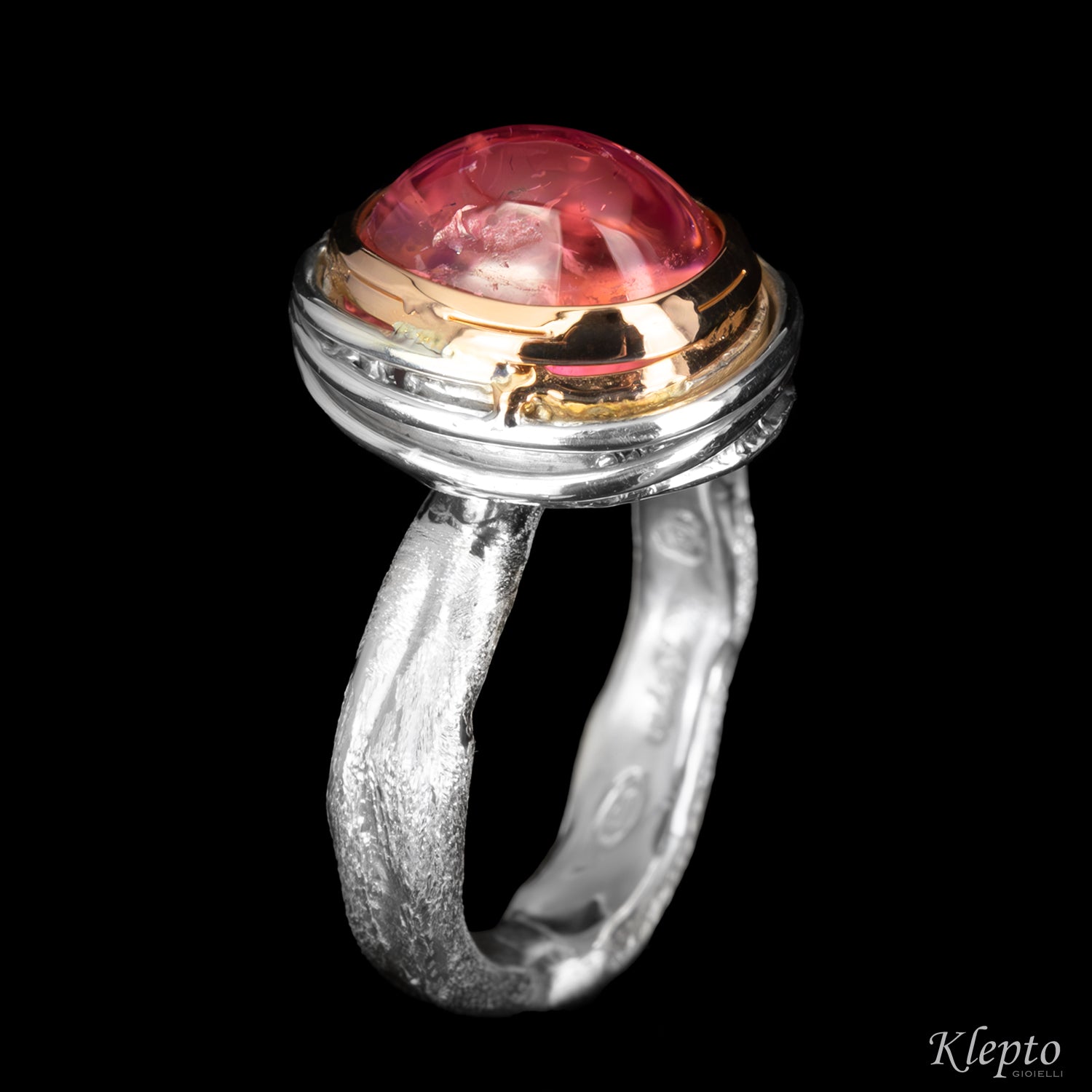 Silver Silnova® "Bumba" ring with pink tourmaline cabochon and rose gold details