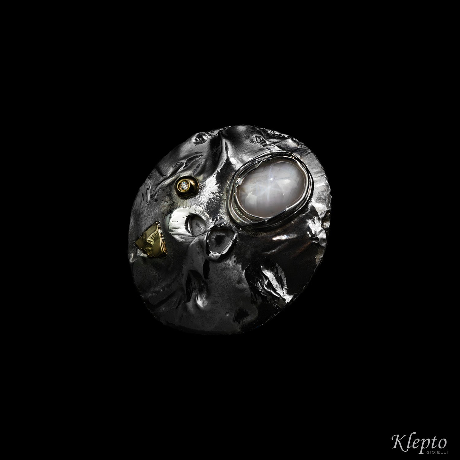 "Supernova" Silnova® Silver Ring with Asteria Sapphire, Diamond and yellow gold details