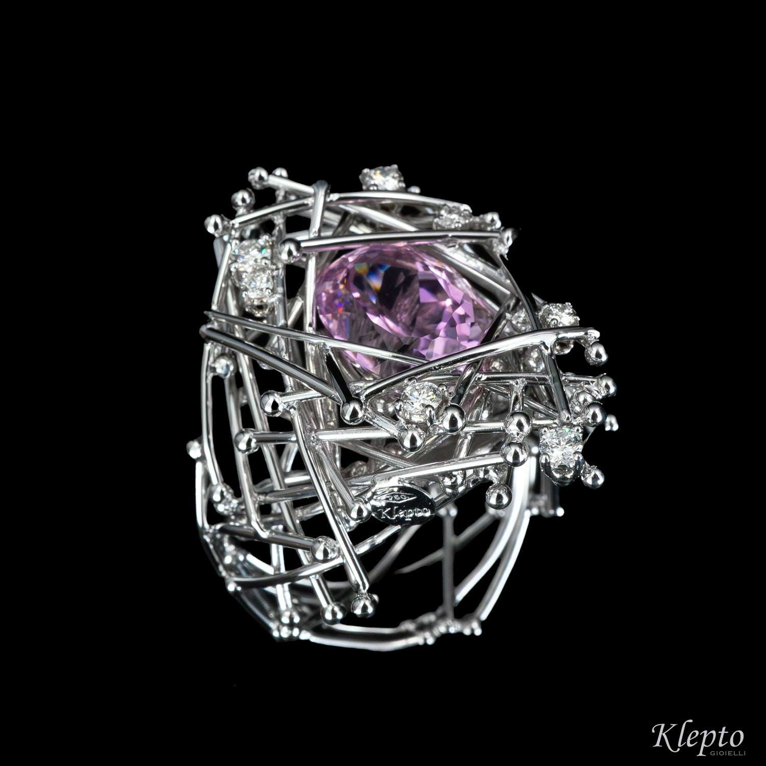 "IntriKo" white gold ring with Kunzite and Diamonds