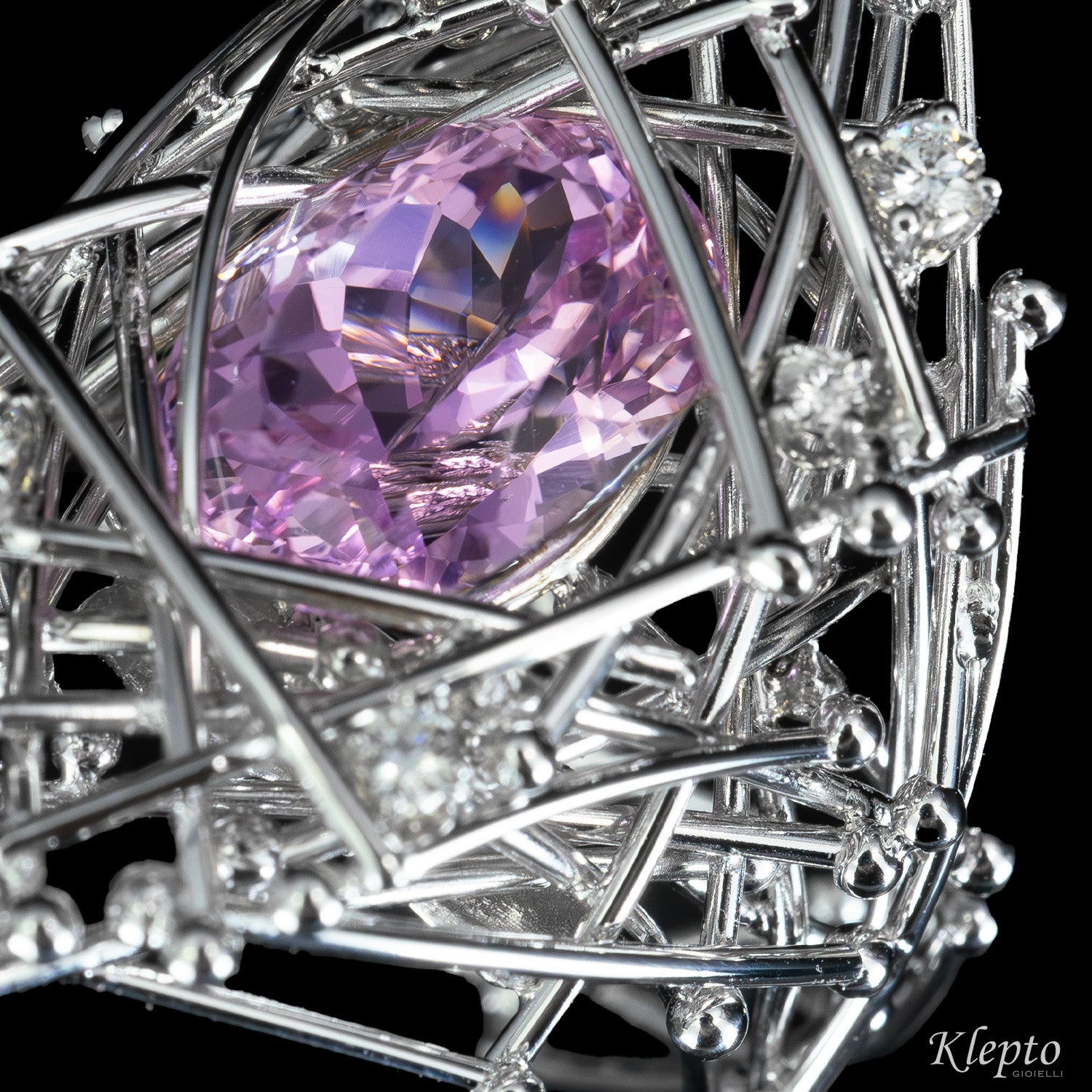 "IntriKo" white gold ring with Kunzite and Diamonds