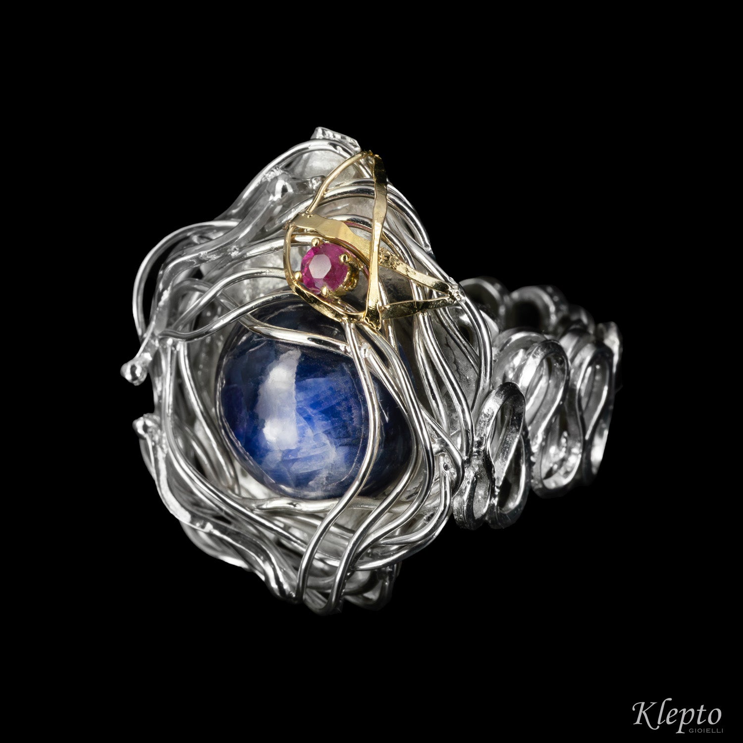 Silnova Silver ring with blue Sapphire, pink Tourmaline and yellow gold details