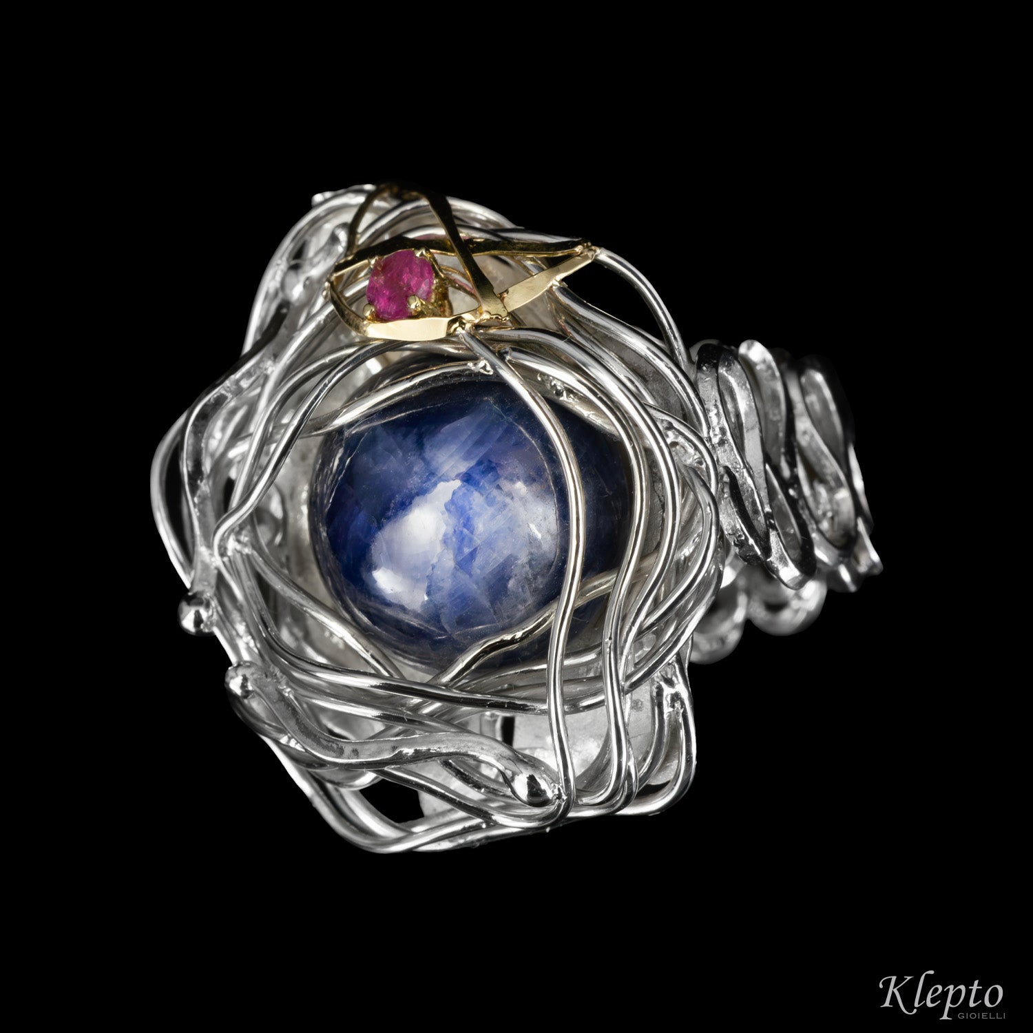 Silnova Silver ring with blue Sapphire, pink Tourmaline and yellow gold details