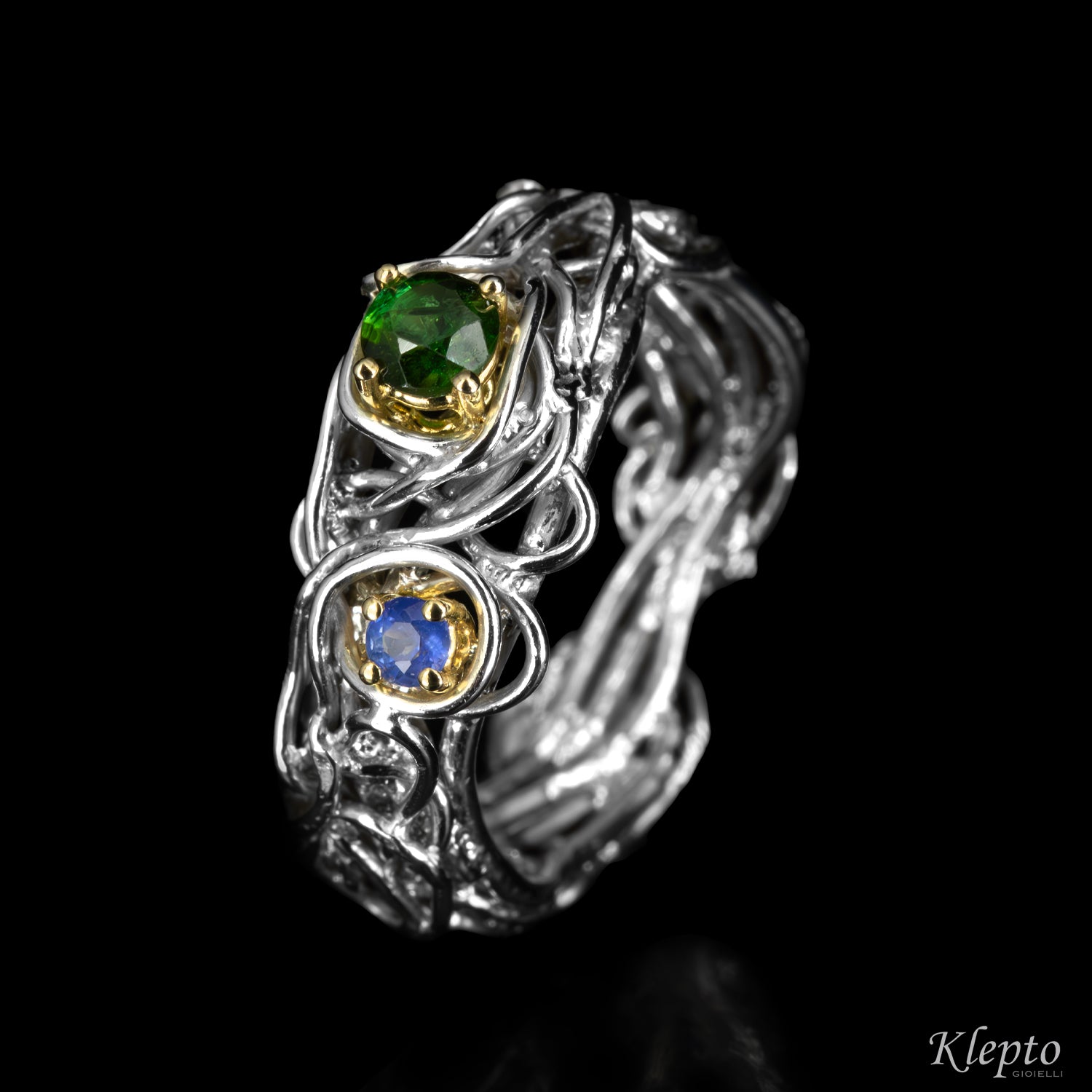 Silver ring Silnova® with sapphire, tourmaline, and yellow gold details
