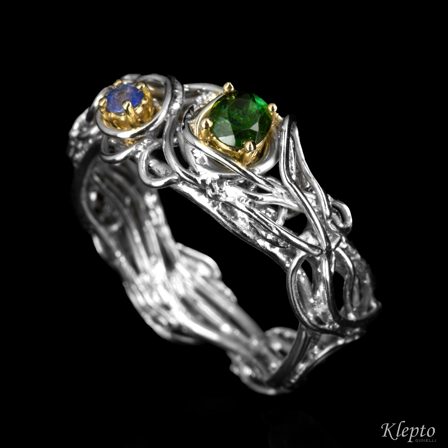Silver ring Silnova® with sapphire, tourmaline, and yellow gold details