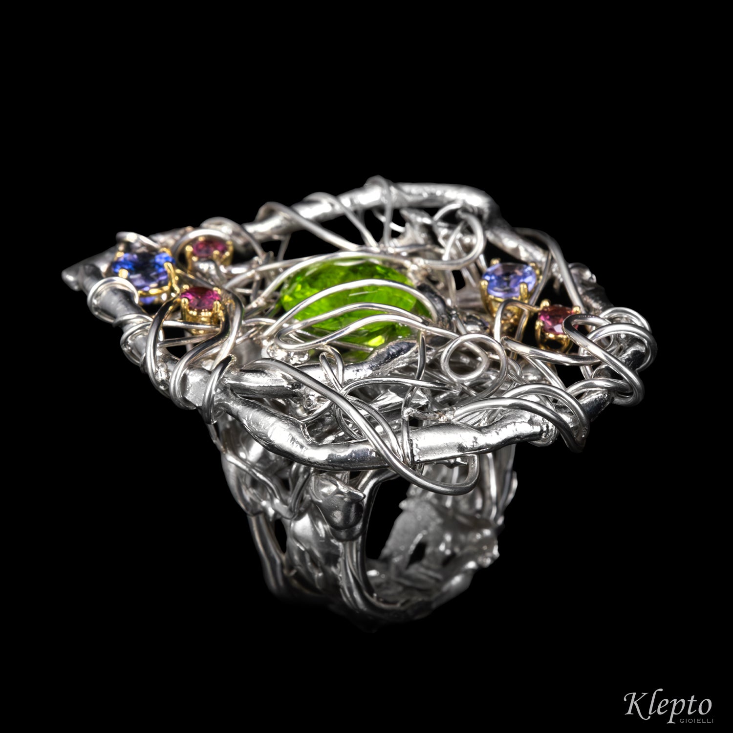 Silver ring Silnova with gemstones and yellow gold details