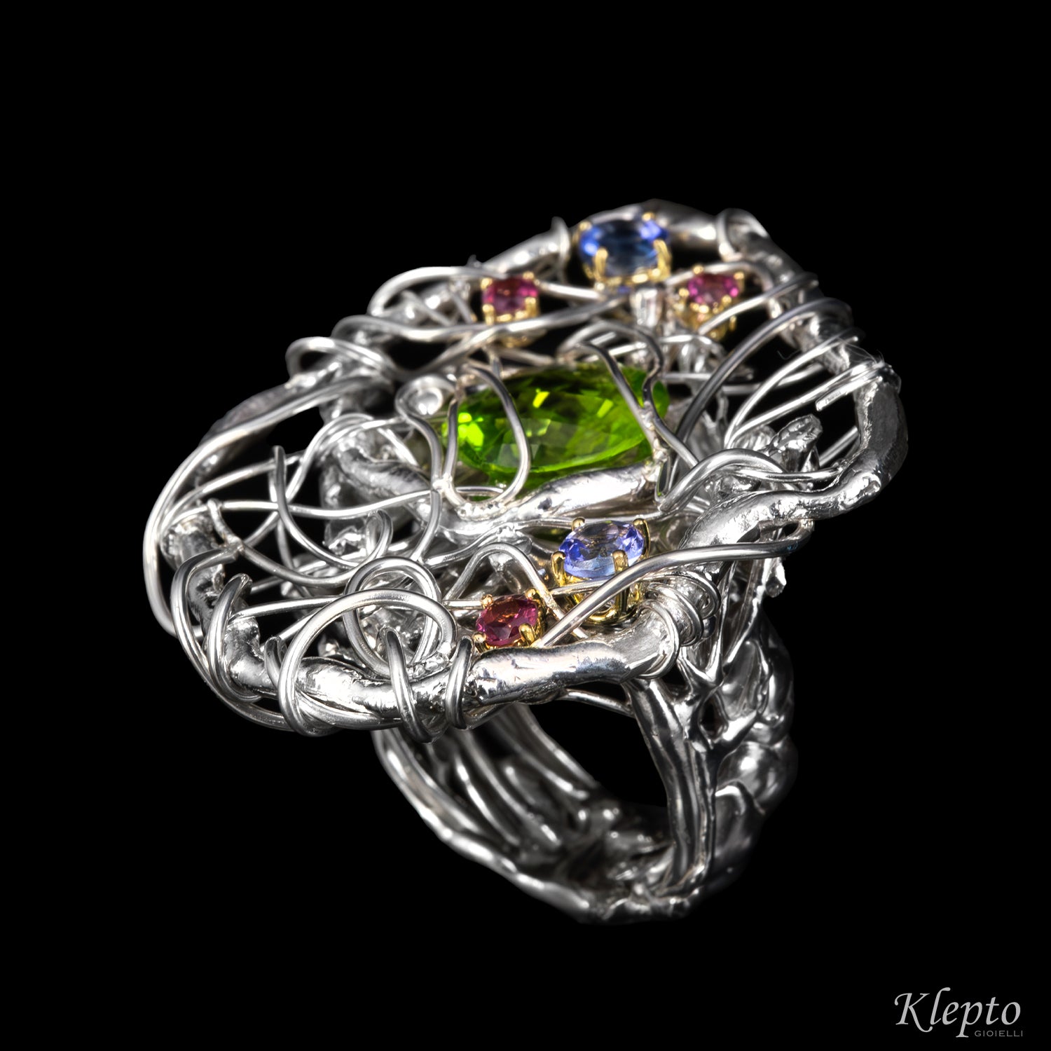 Silver ring Silnova with gemstones and yellow gold details