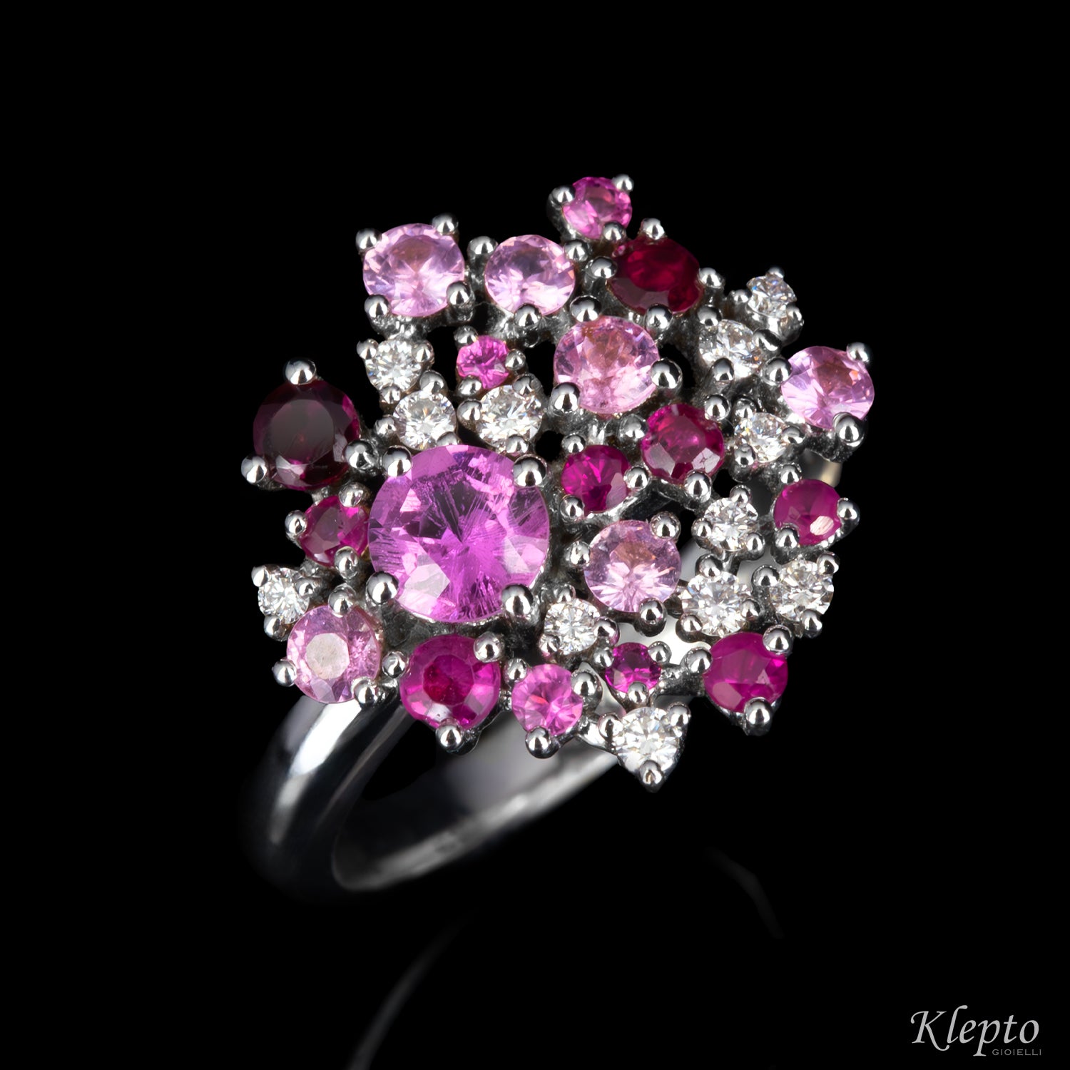 Classic ring by Klepto in white gold with pink Sapphires, Rubies, and Diamonds