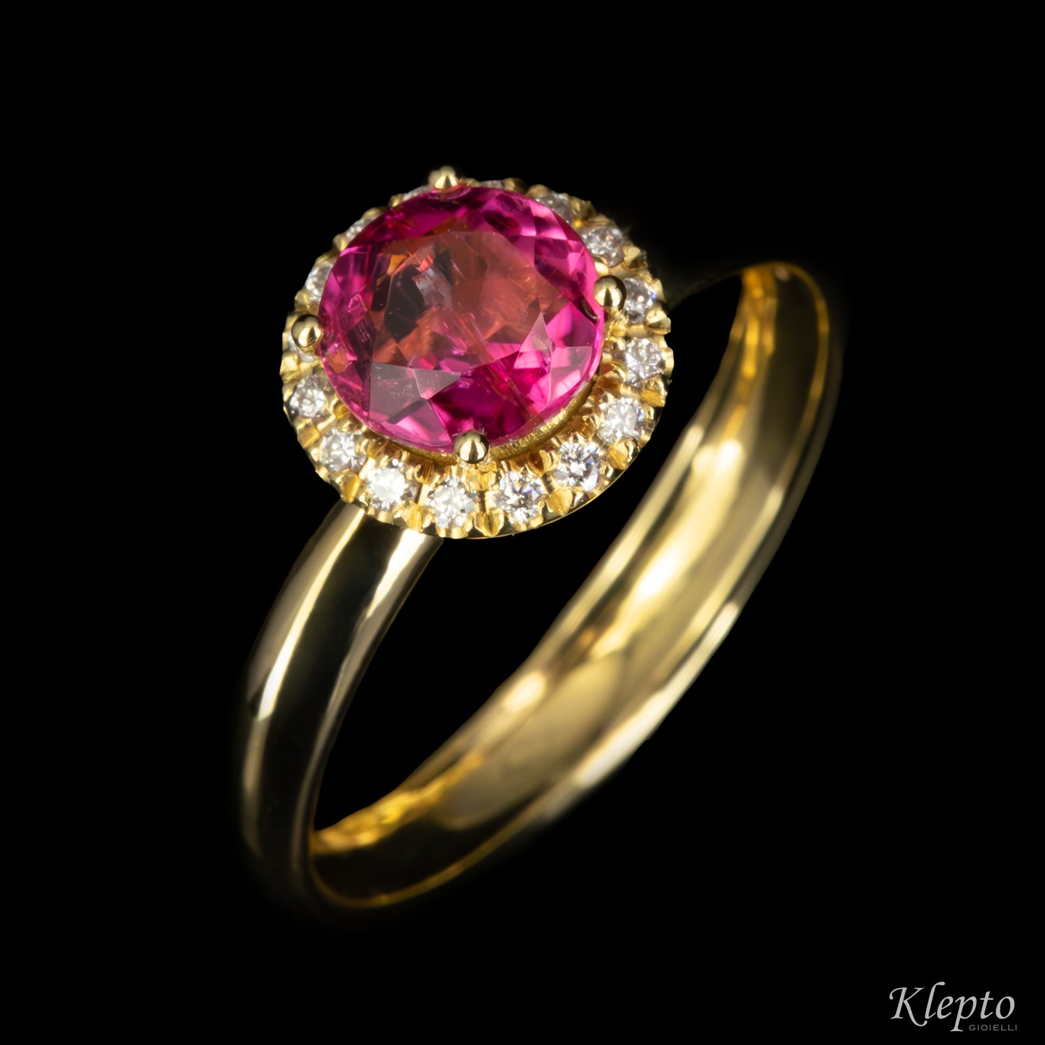 Classic yellow gold ring with pink tourmaline and diamond accents