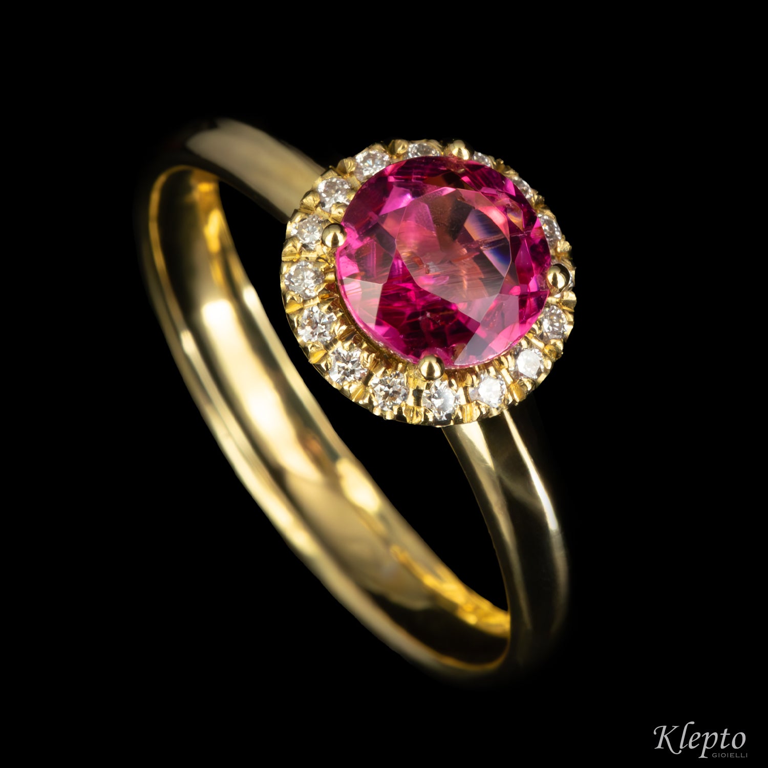 Classic yellow gold ring with pink tourmaline and diamond accents