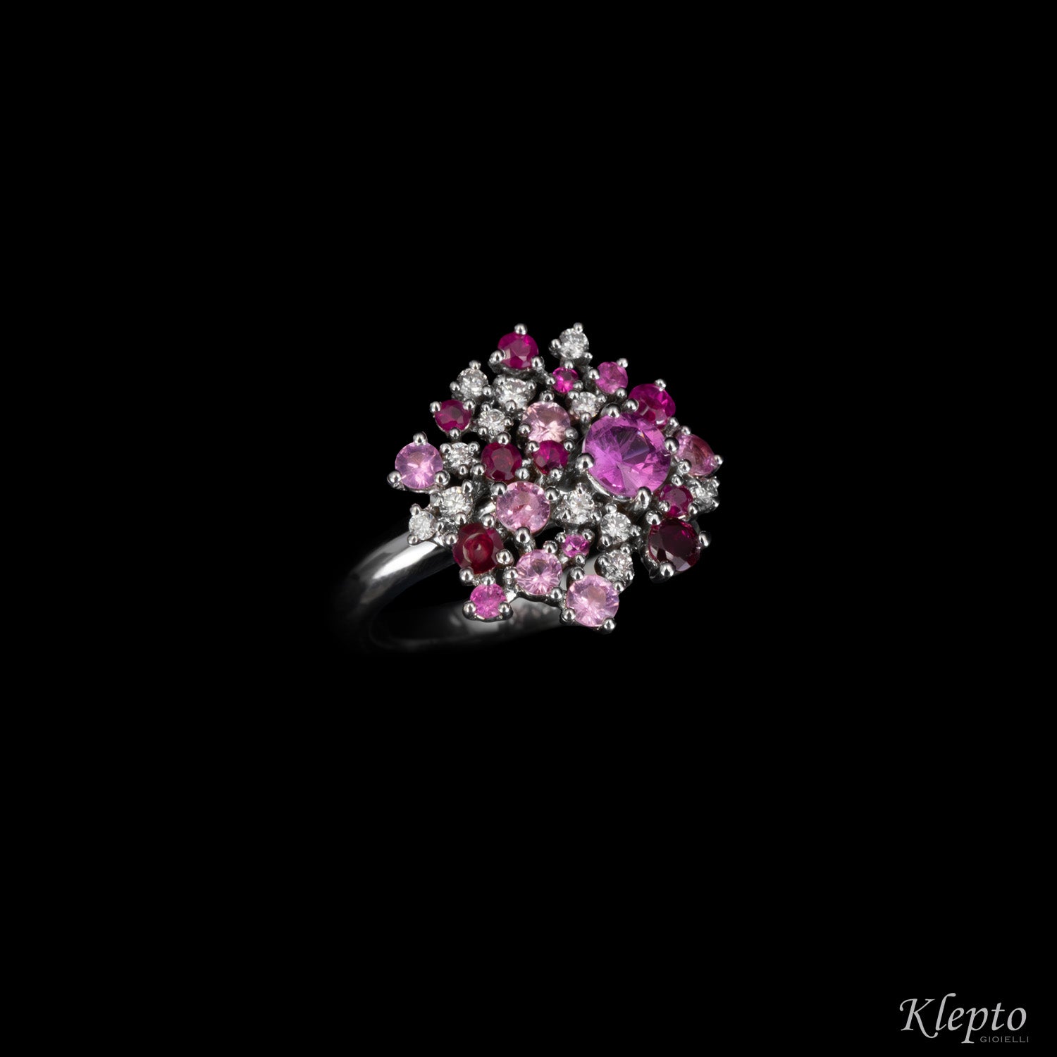 Classic ring by Klepto in white gold with pink Sapphires, Rubies, and Diamonds