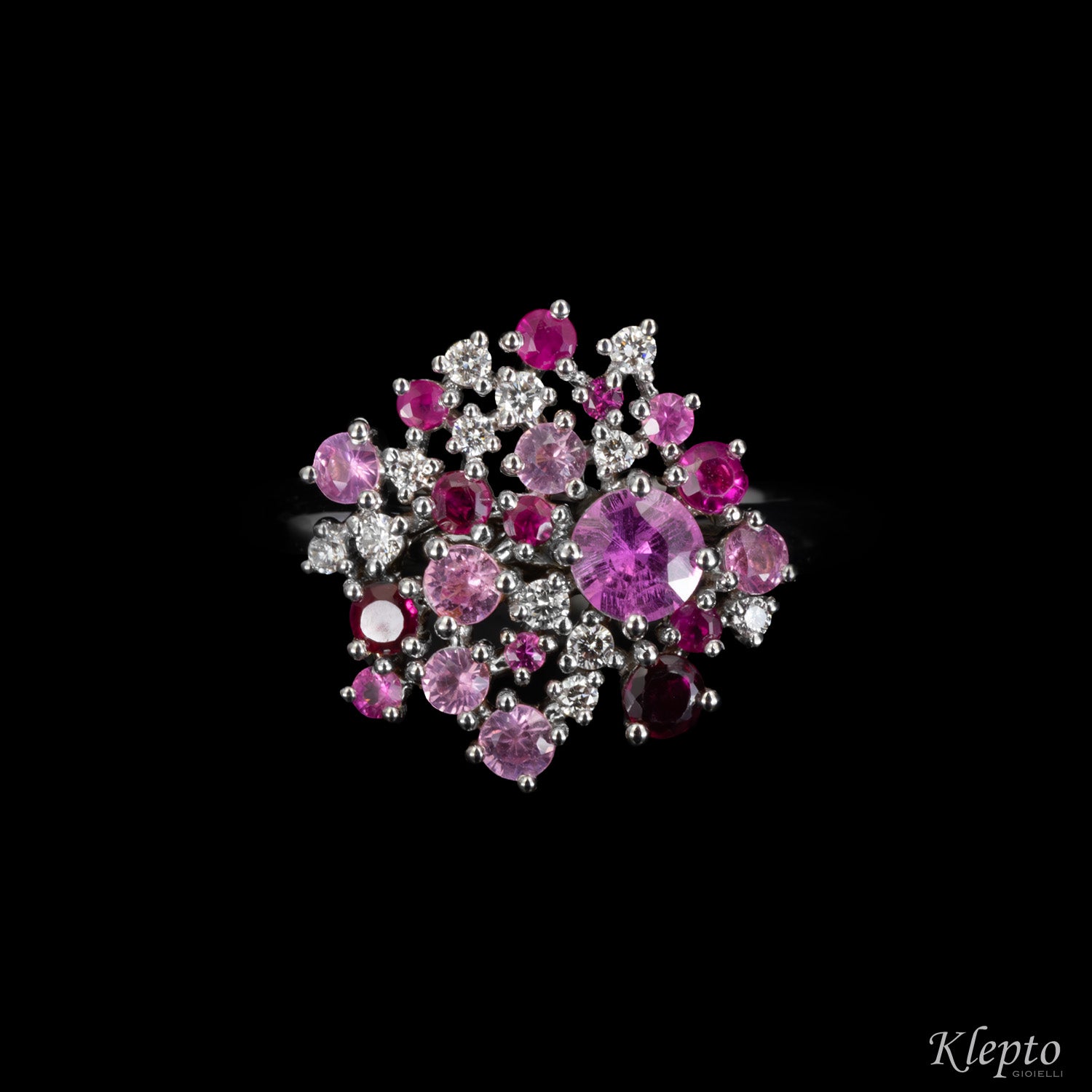 Classic ring by Klepto in white gold with pink Sapphires, Rubies, and Diamonds
