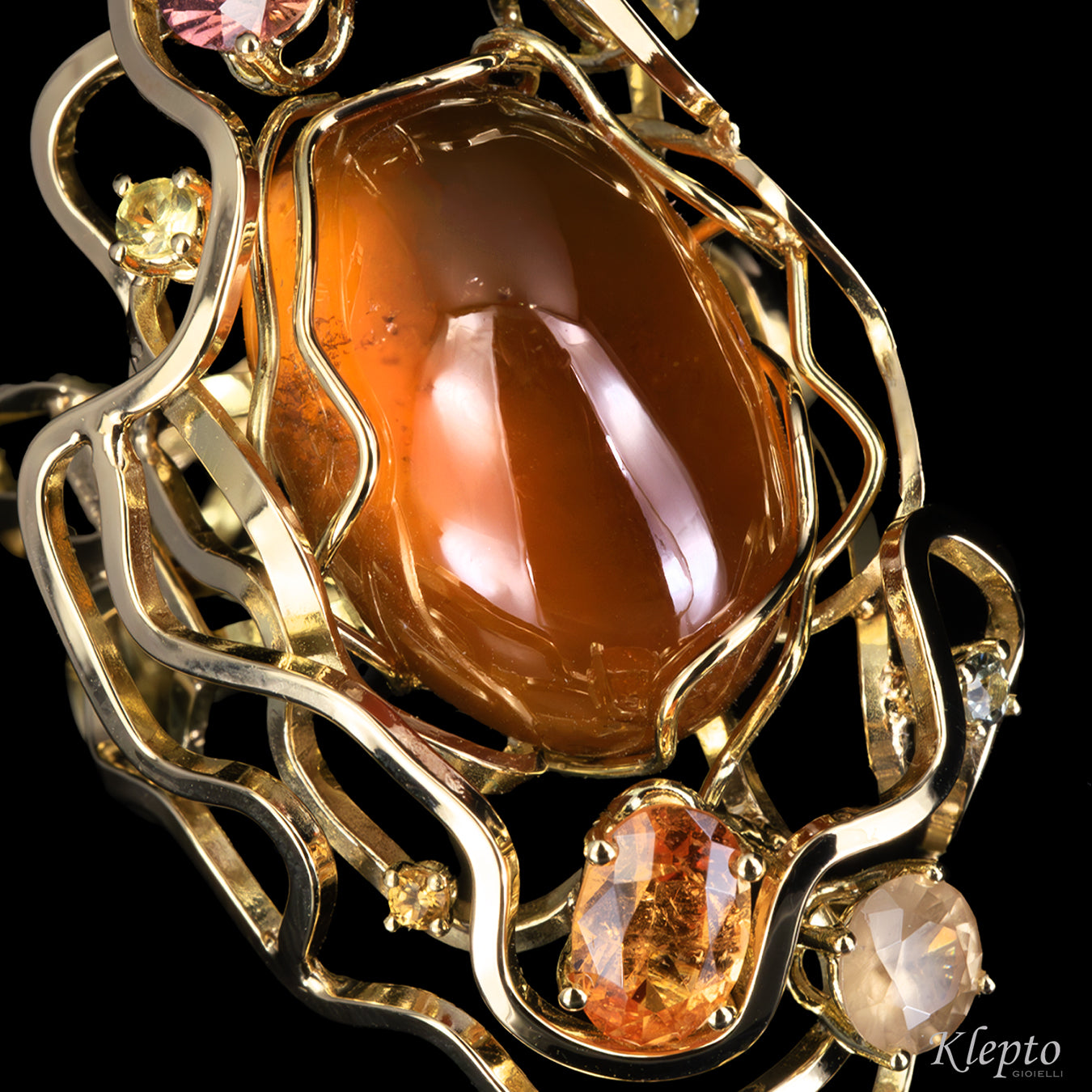 Yellow gold ring "Origins" with Spessartite, Sapphires, Zircons, and Garnet fanta