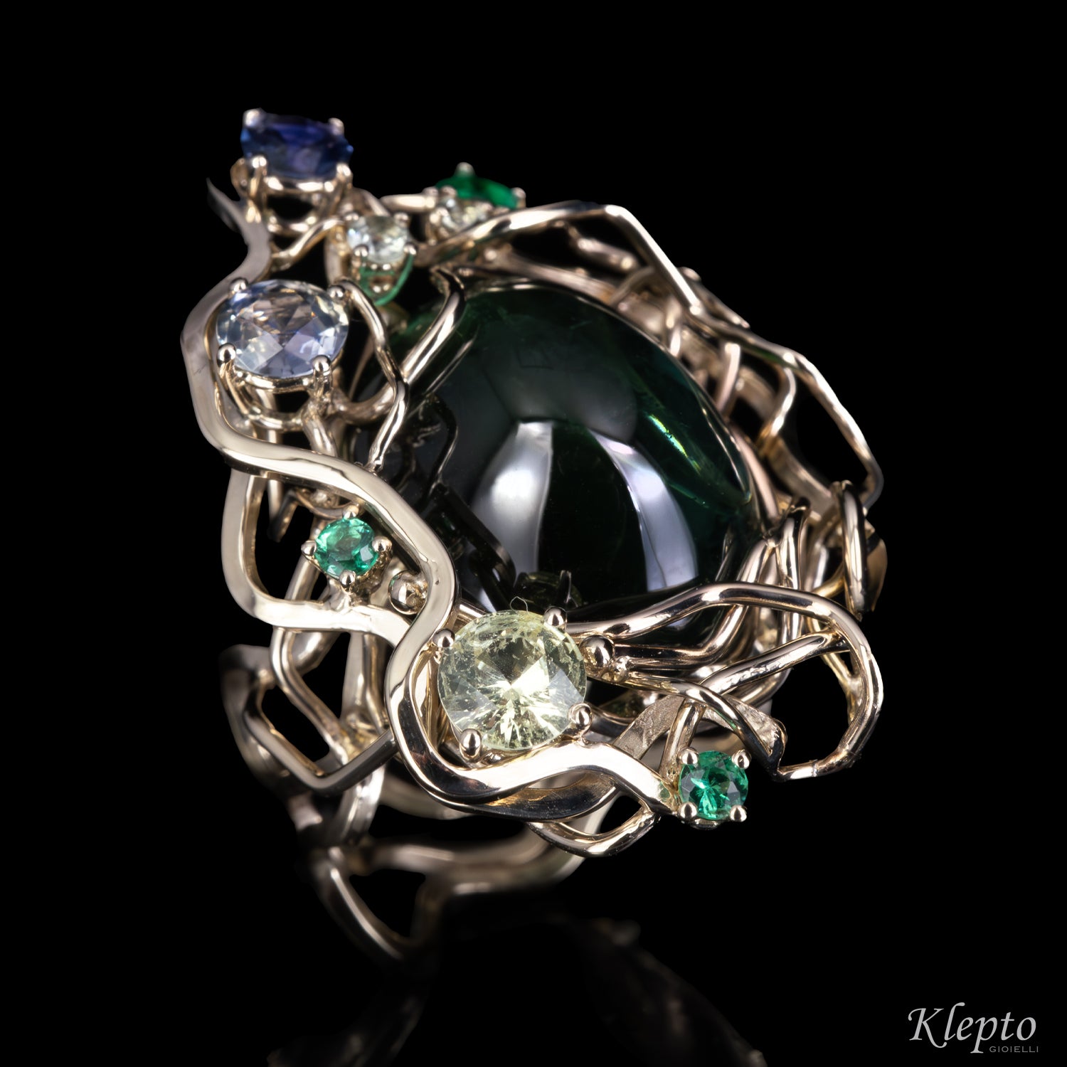 Natural white gold ring "Origini" with Tourmaline, Sapphires, and Emeralds