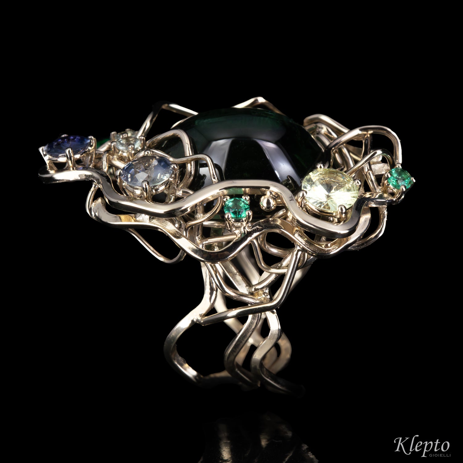 Natural white gold ring "Origini" with Tourmaline, Sapphires, and Emeralds