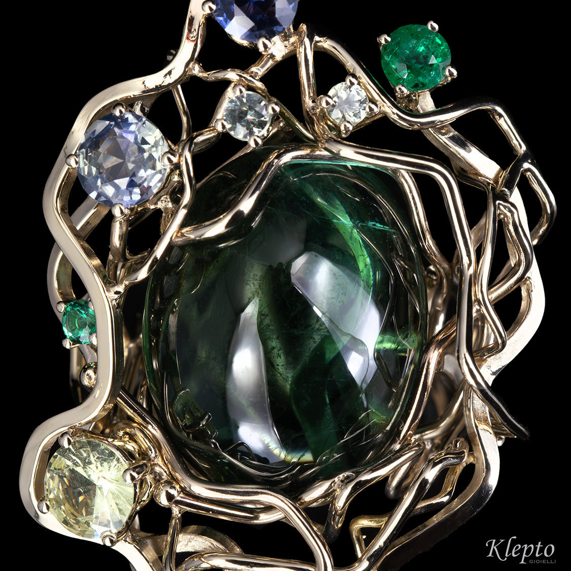 Natural white gold ring "Origini" with Tourmaline, Sapphires, and Emeralds
