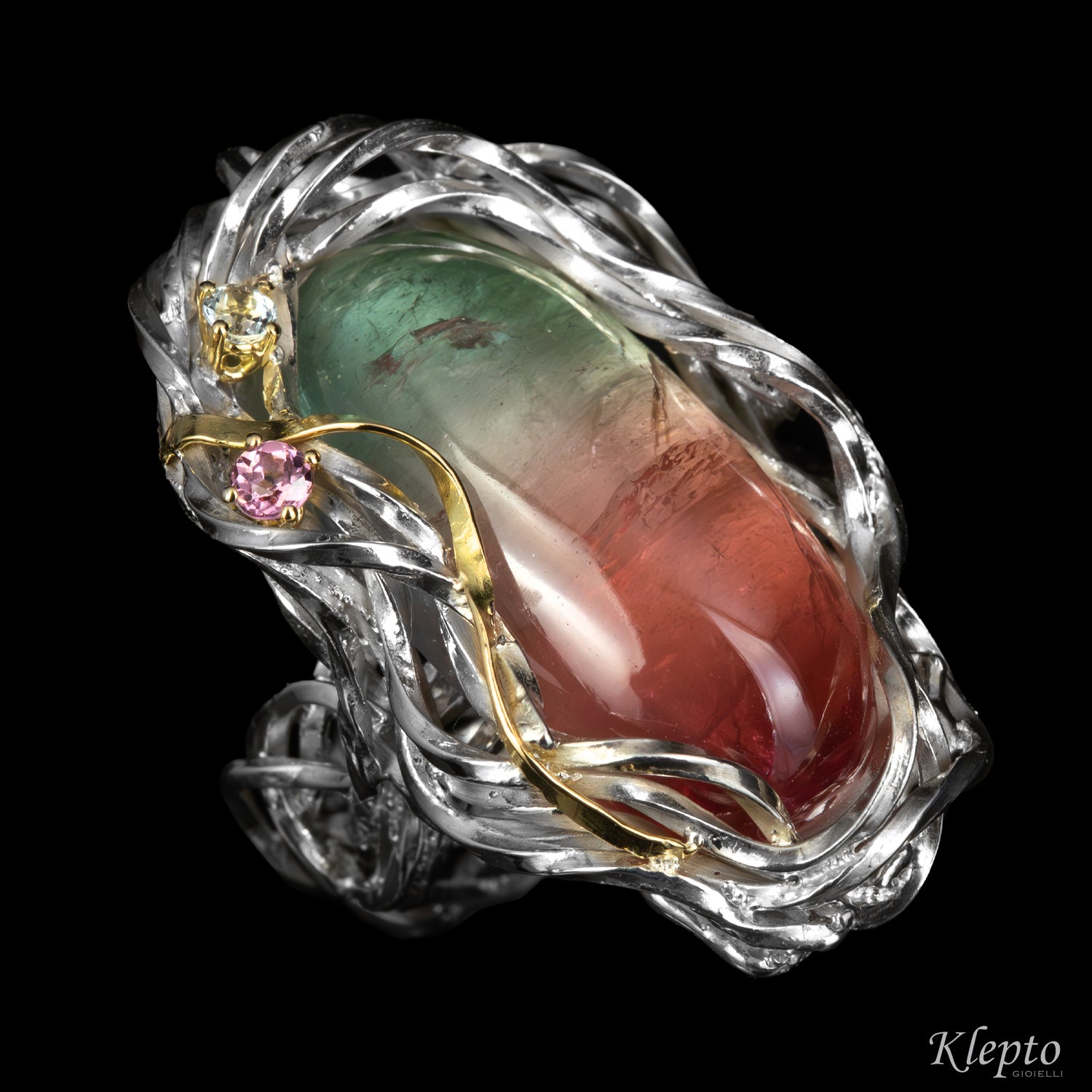Silver ring Silnova® with bicolor Tourmaline, pink Tourmaline, Aquamarine, and yellow gold details