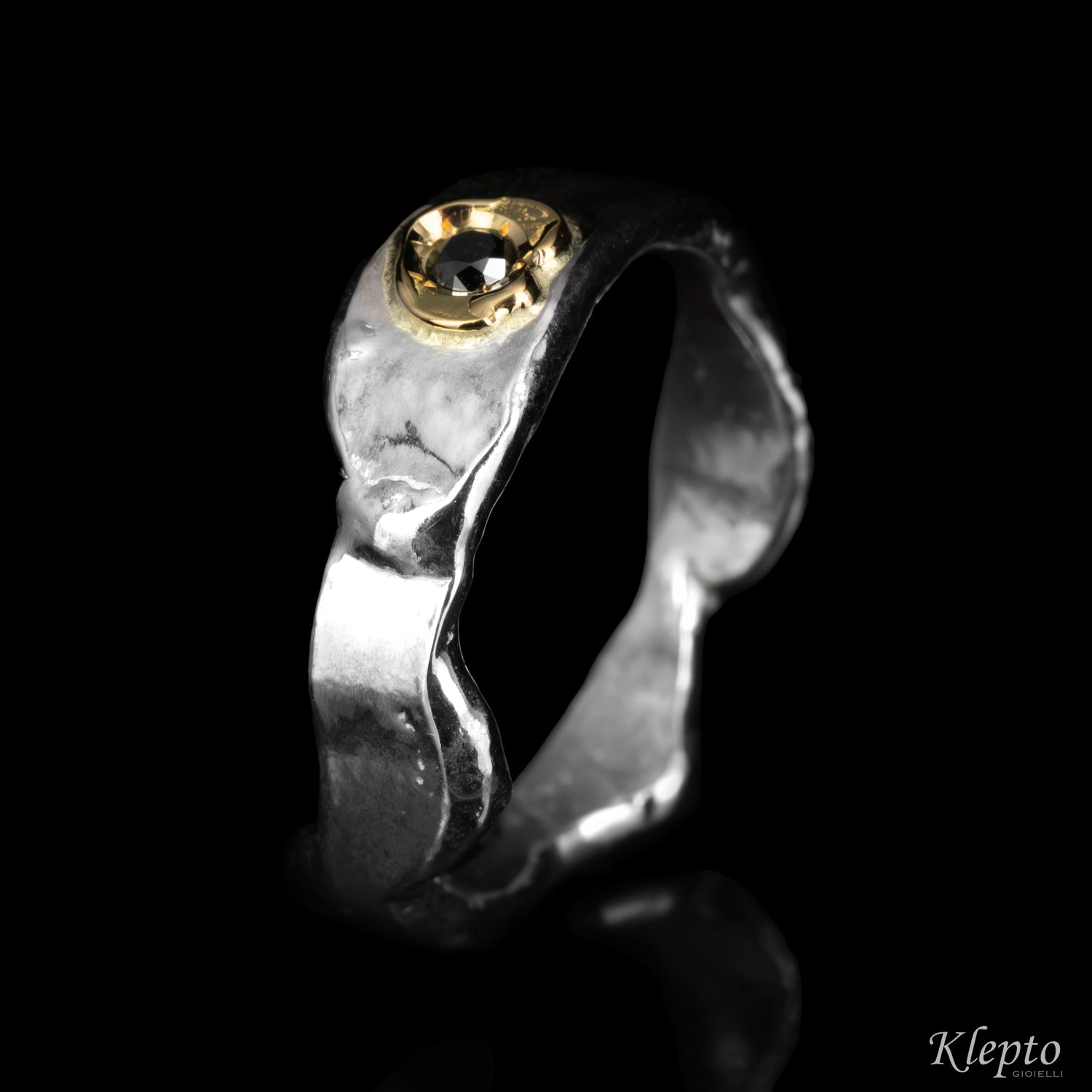 Silver Silnova® Ring with Black Diamond and Yellow Gold Detail