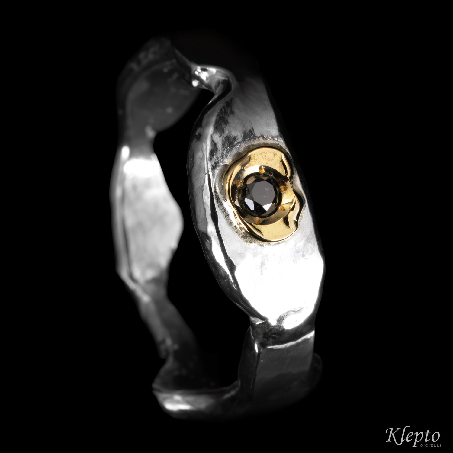 Silver Silnova® Ring with Black Diamond and Yellow Gold Detail