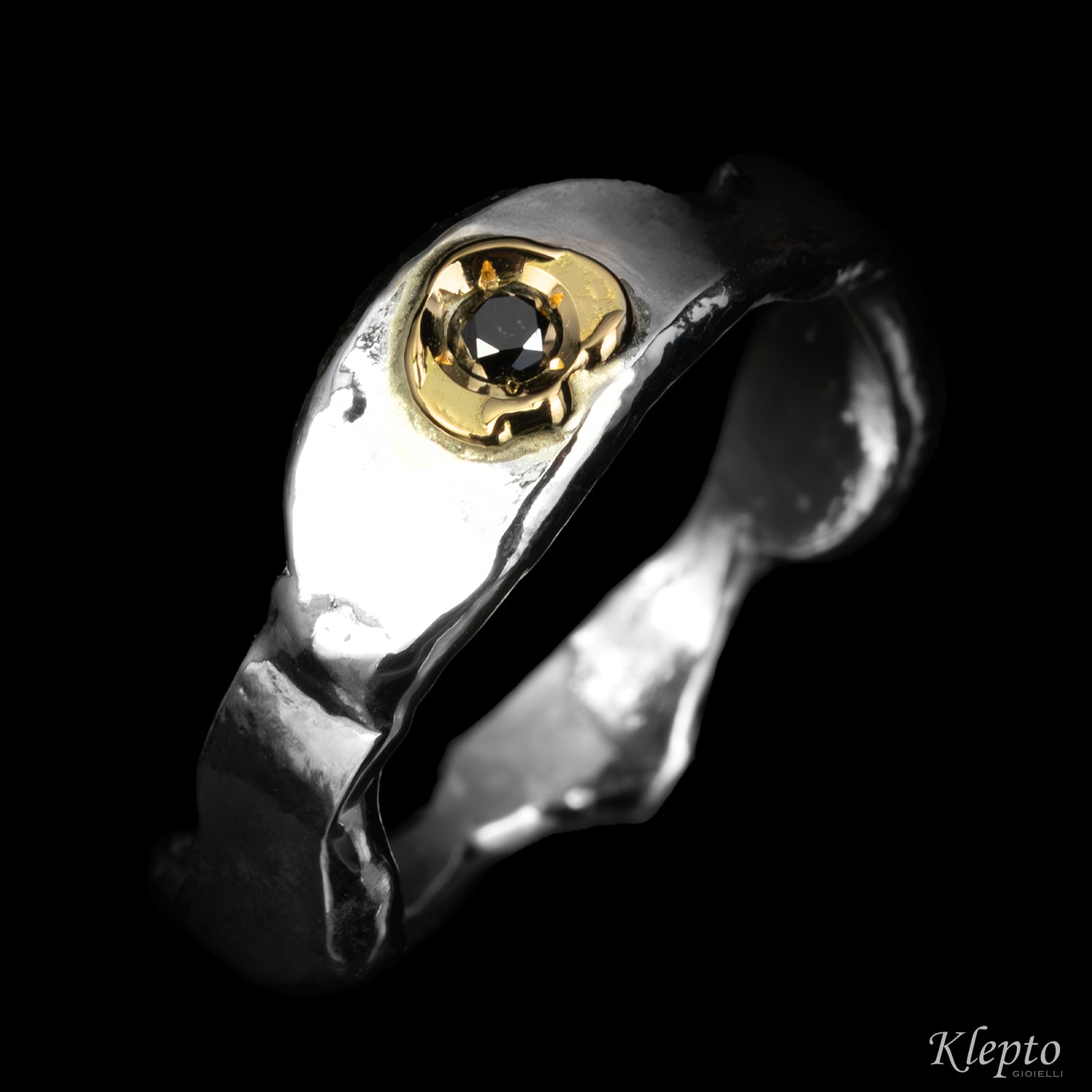 Silver Silnova® Ring with Black Diamond and Yellow Gold Detail