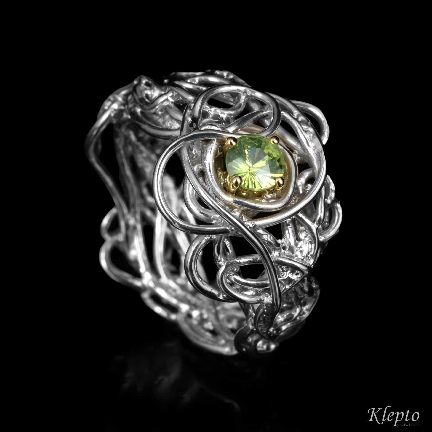 Silver Ring Silnova® with Demantoid and Yellow Gold Details