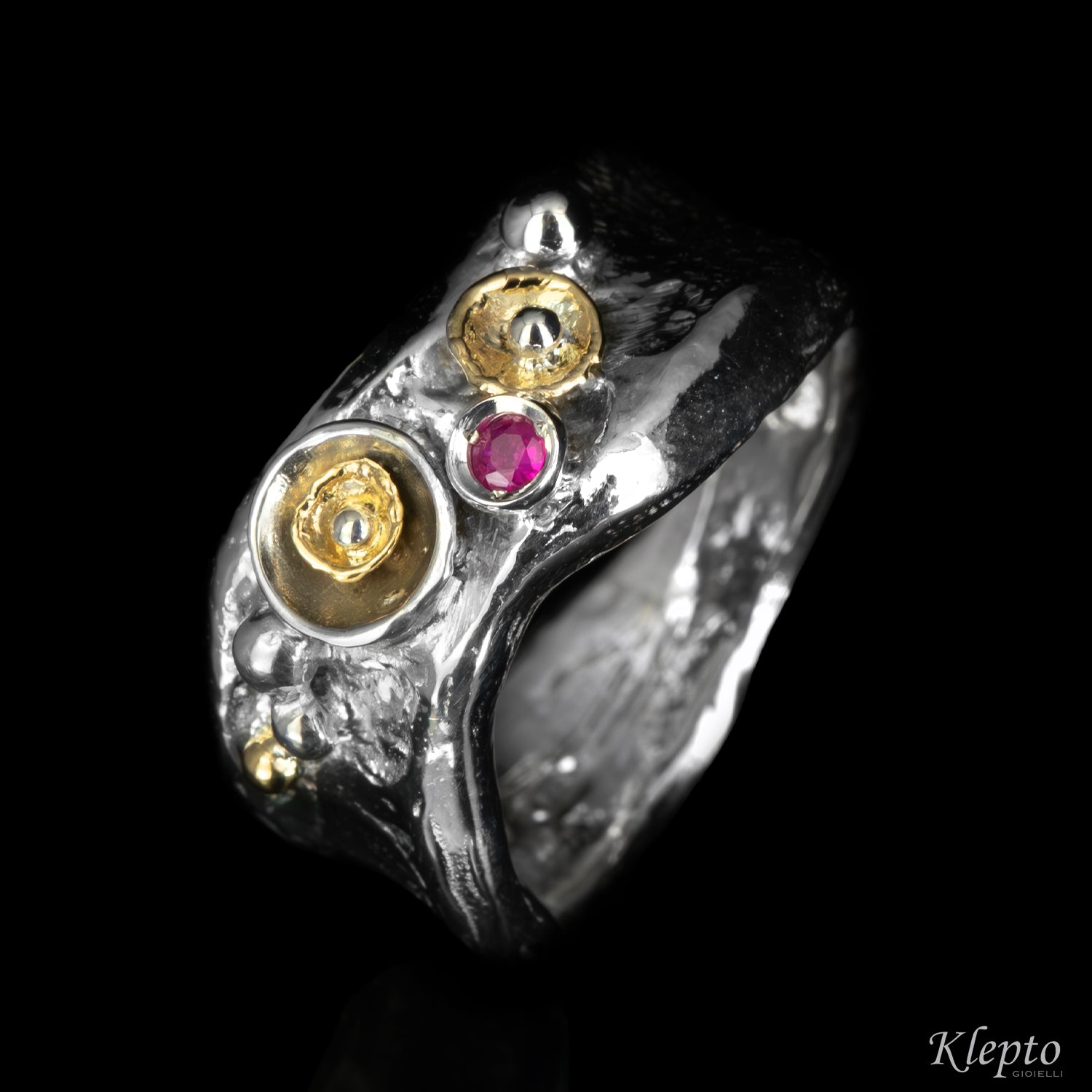 Silver Ring Silnova® with Ruby and yellow gold details