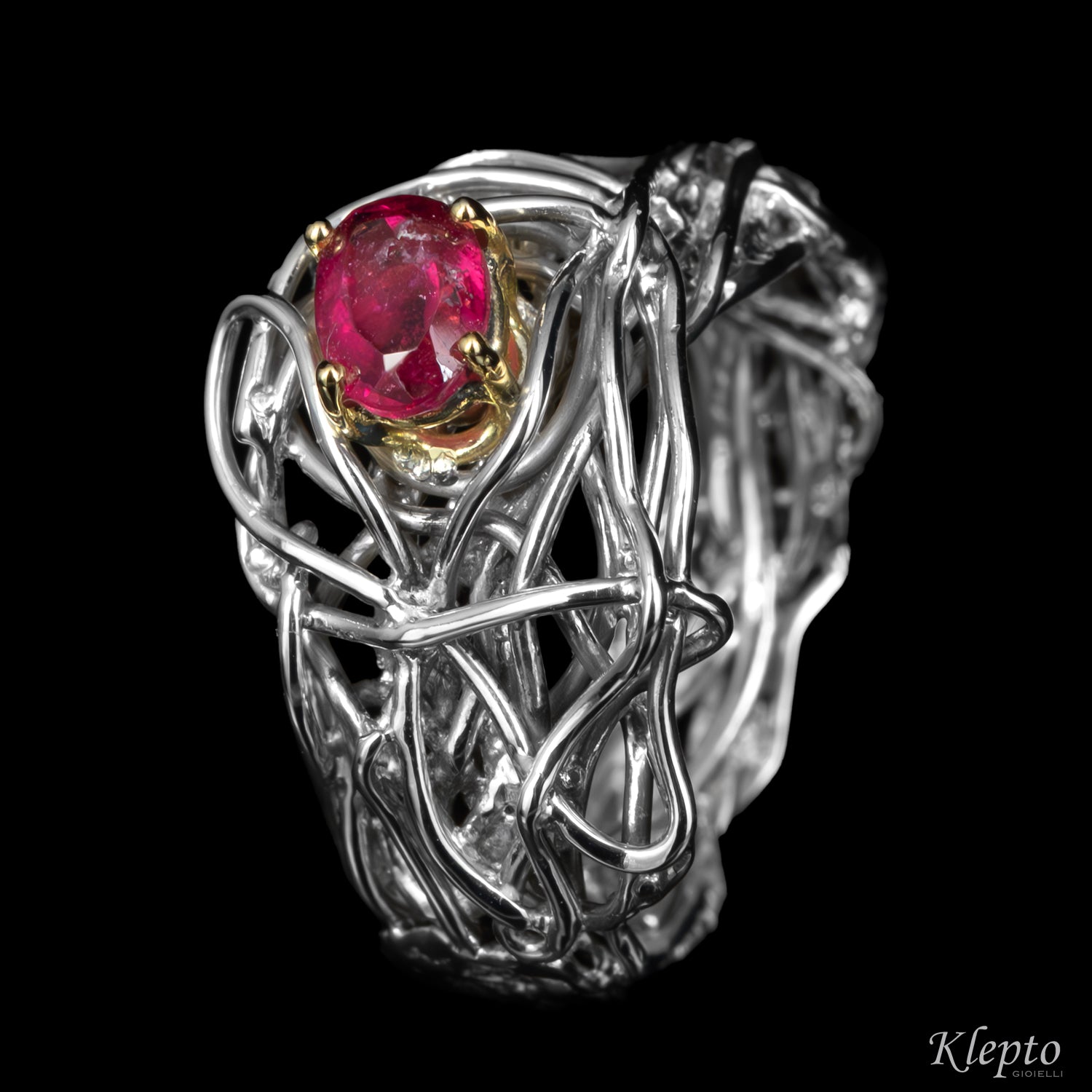 Silver Silnova® Ring with Ruby and Yellow Gold Details