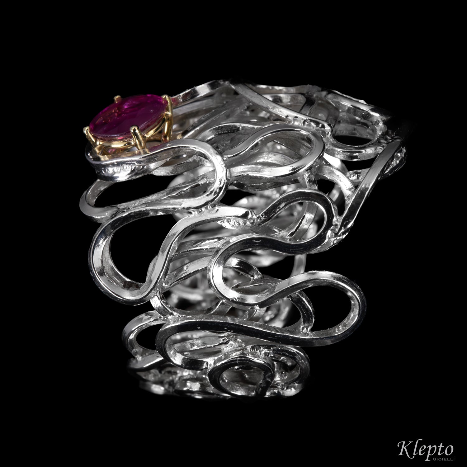 Silver Ring Silnova® with Ruby and yellow gold details