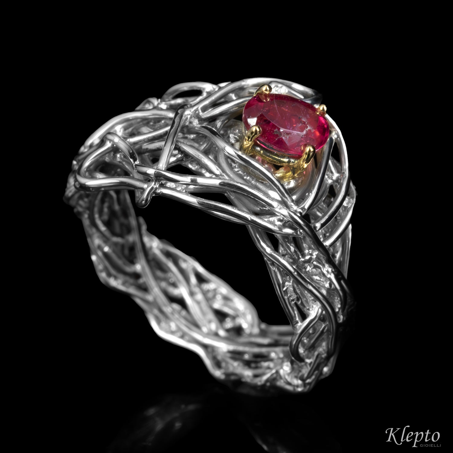 Silver Silnova® Ring with Ruby and Yellow Gold Details