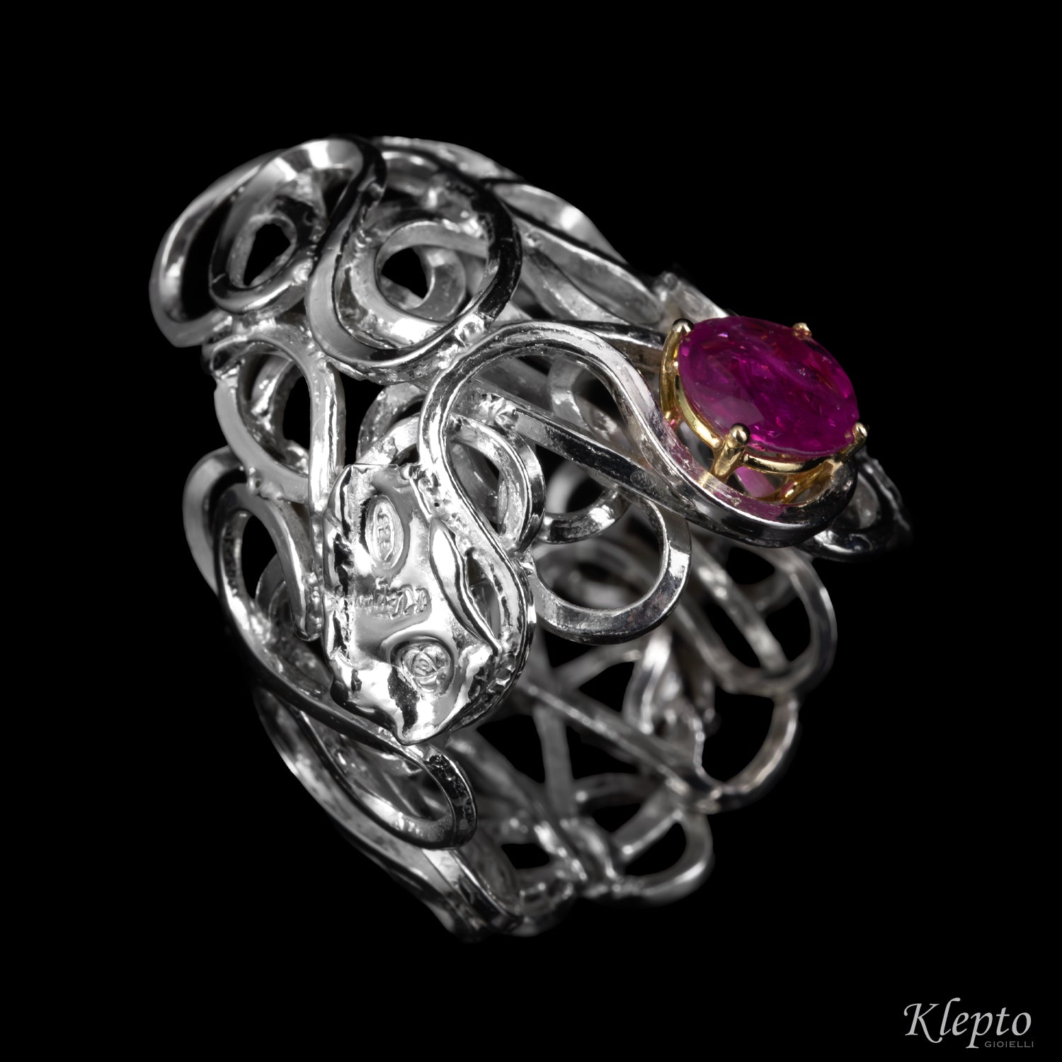Silver Ring Silnova® with Ruby and yellow gold details