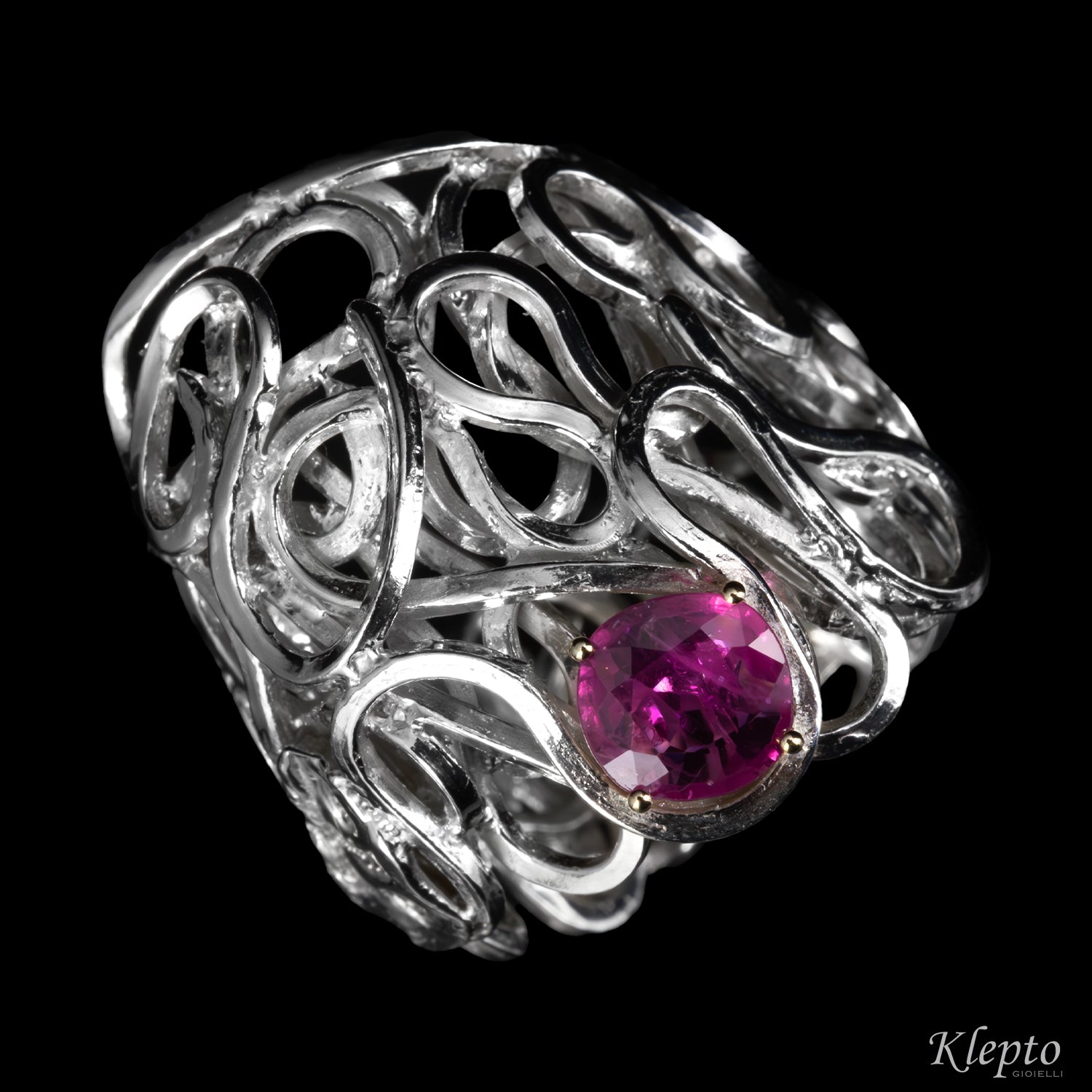 Silver Ring Silnova® with Ruby and yellow gold details