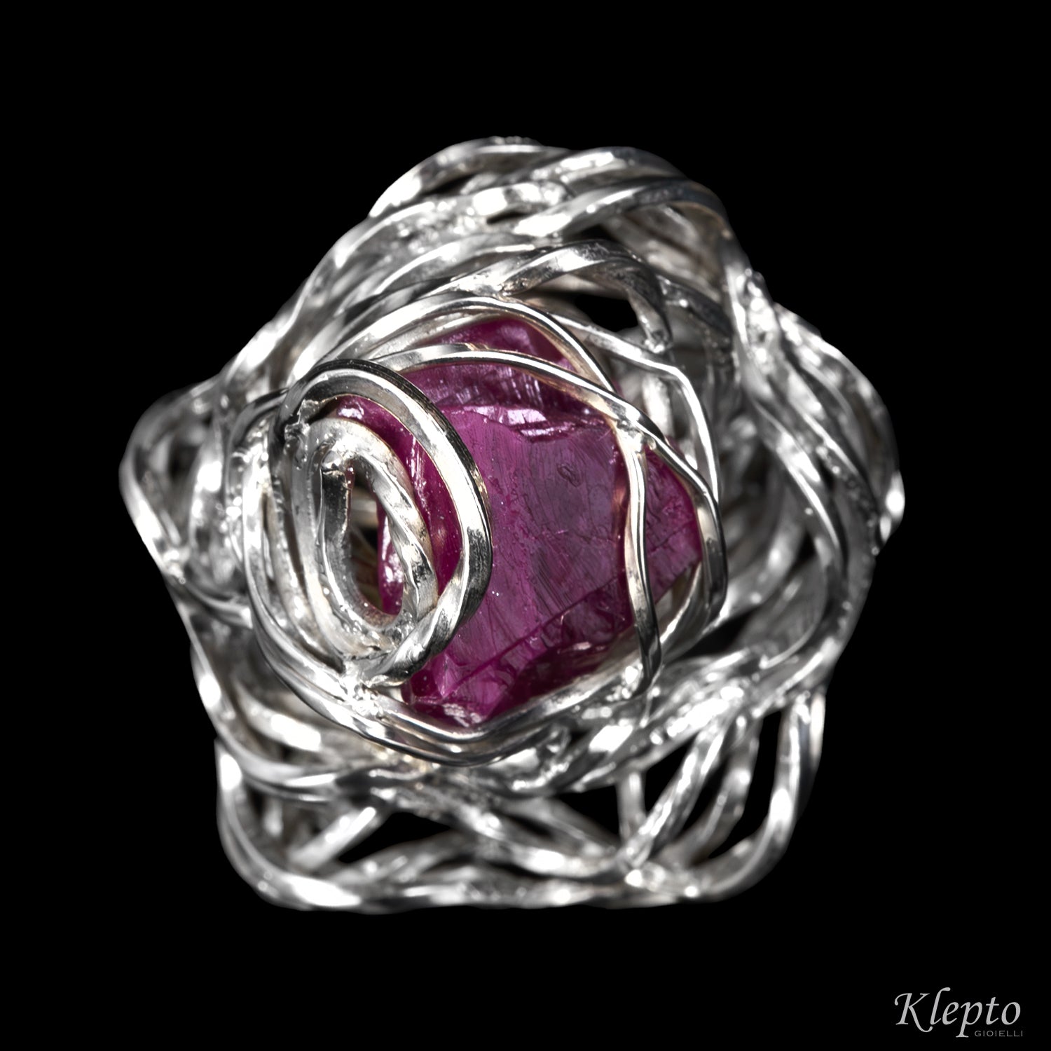 Silnova® Silver Ring with Twisted Wire and Raw Ruby