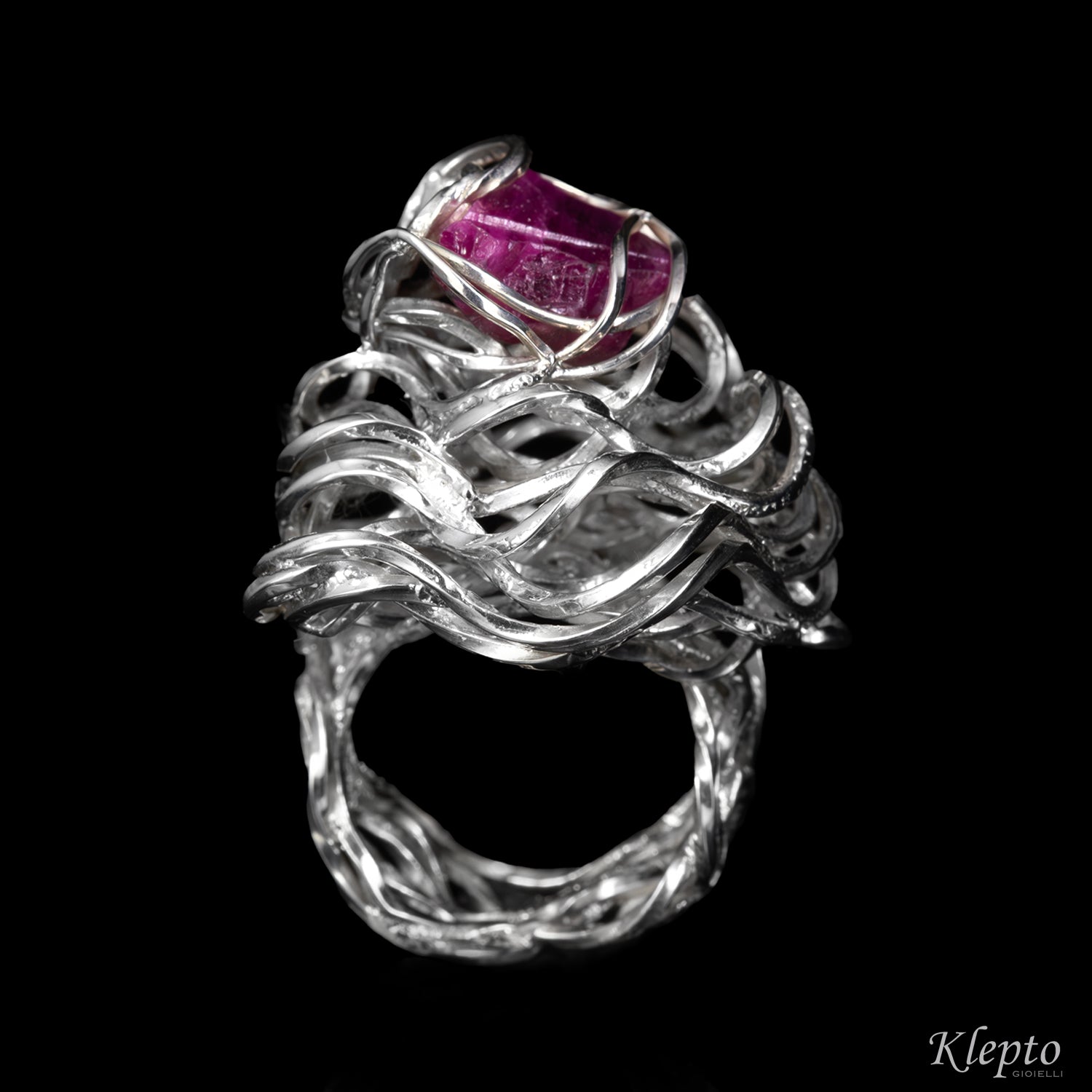 Silnova® Silver Ring with Twisted Wire and Raw Ruby