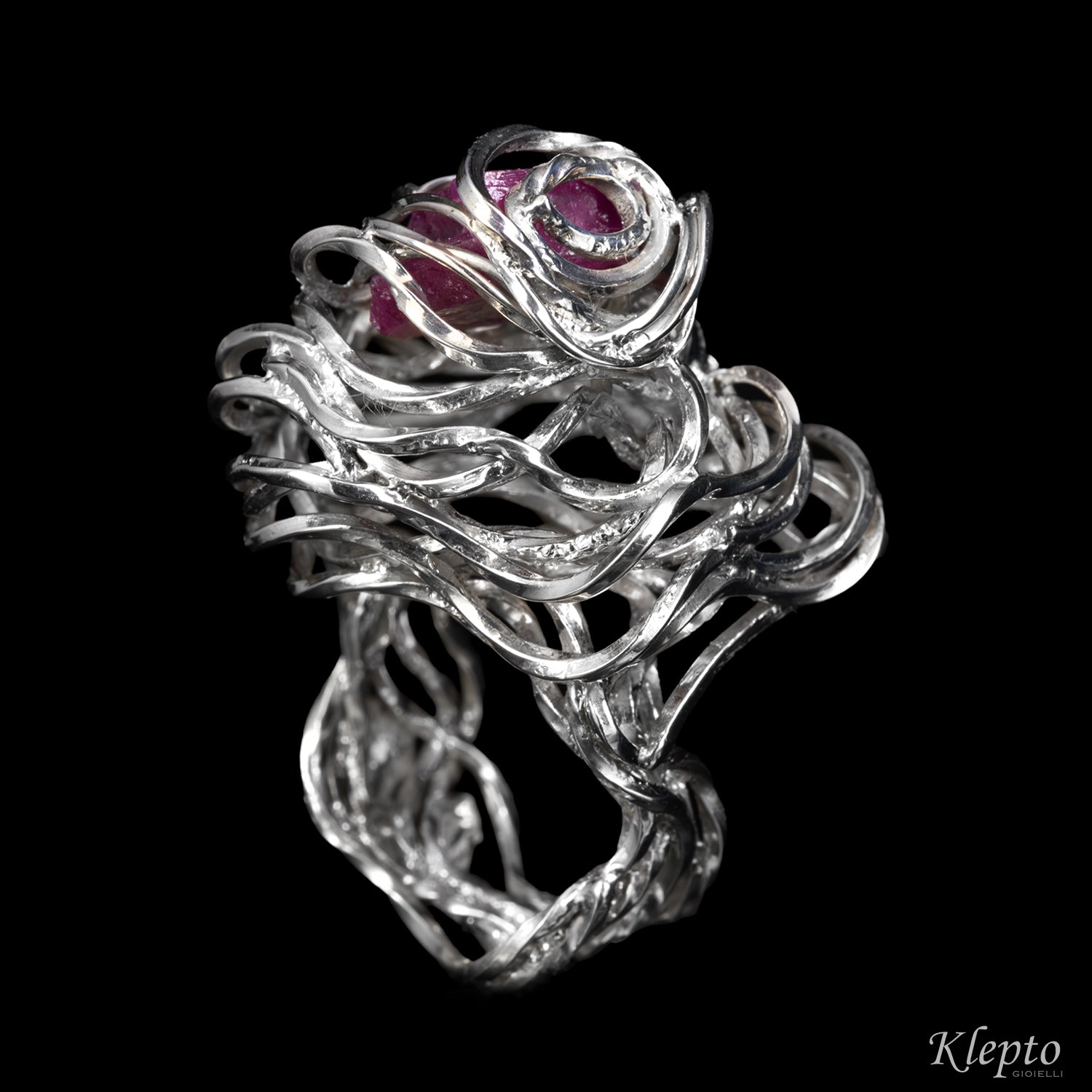 Silnova® Silver Ring with Twisted Wire and Raw Ruby