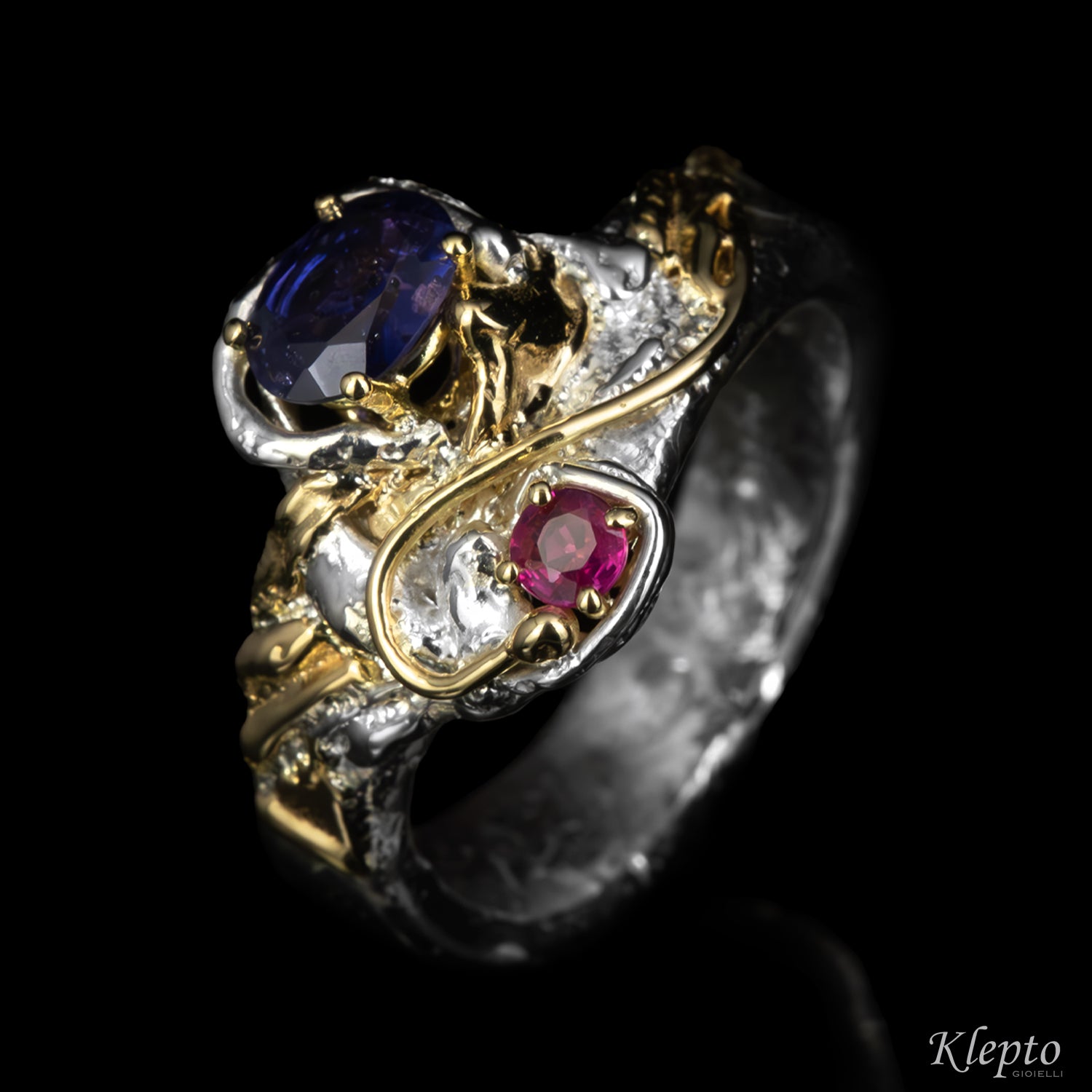 Silver ring Silnova with sapphire, ruby and yellow gold details