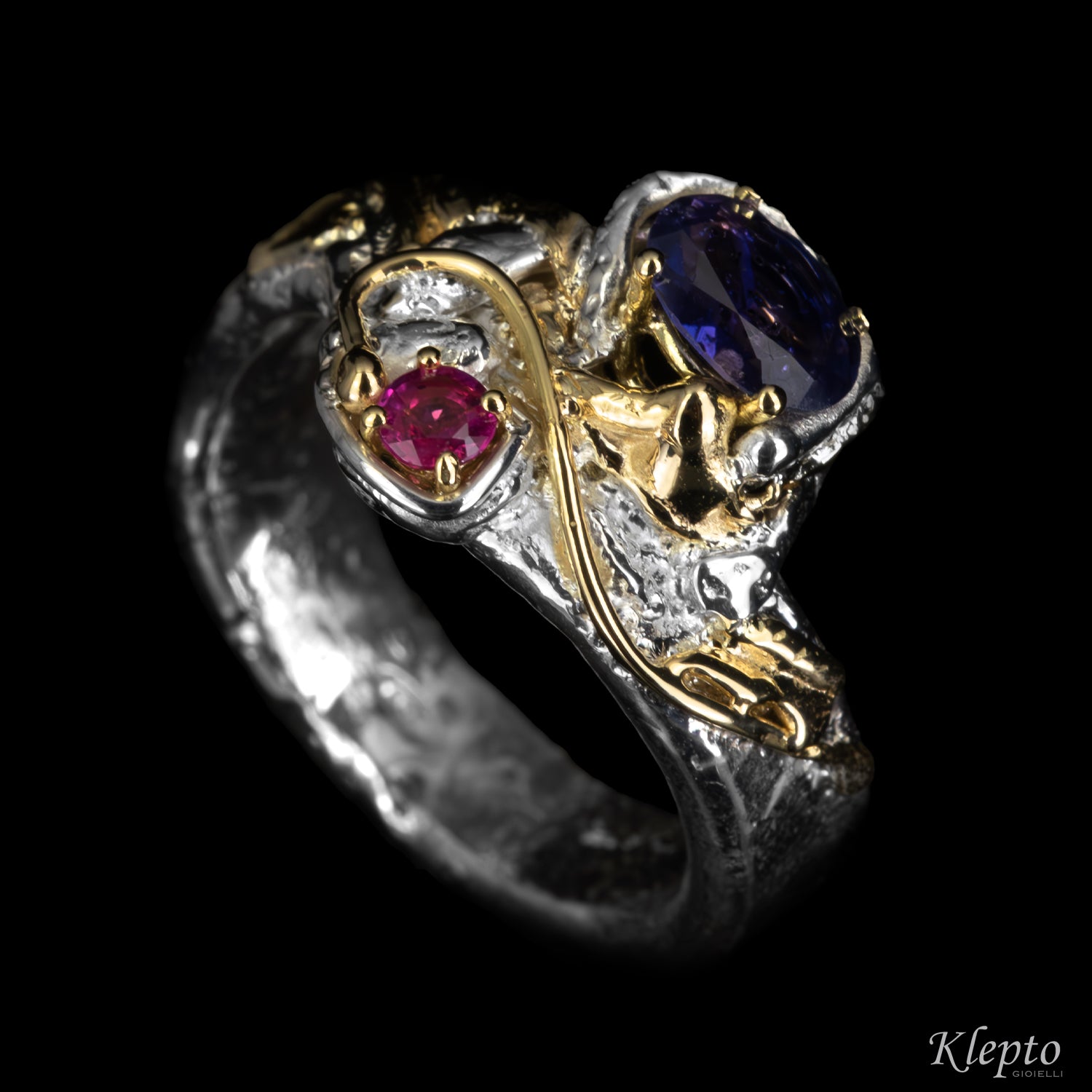 Silver ring Silnova with sapphire, ruby and yellow gold details