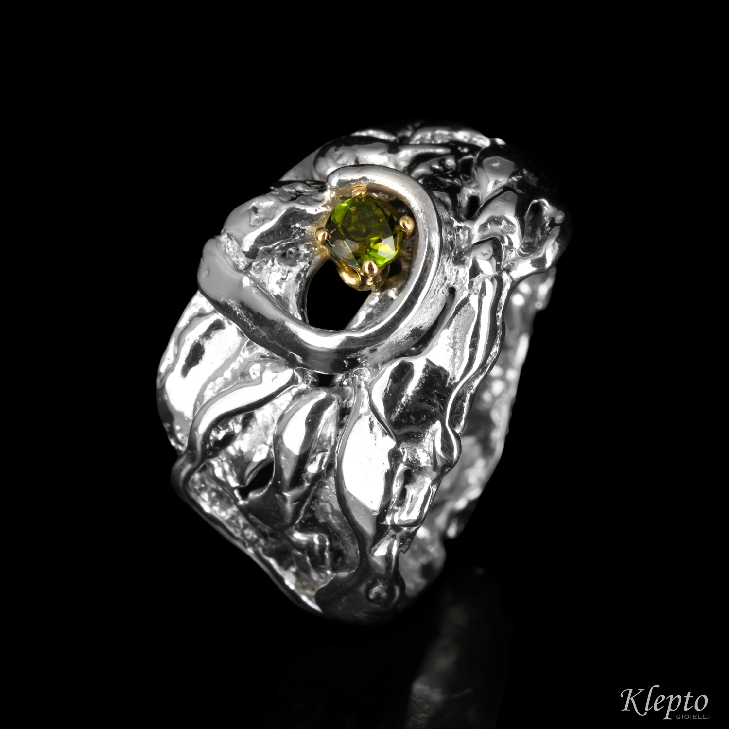 Silver Silnova® Ring with Green Tourmaline and Yellow Gold Details