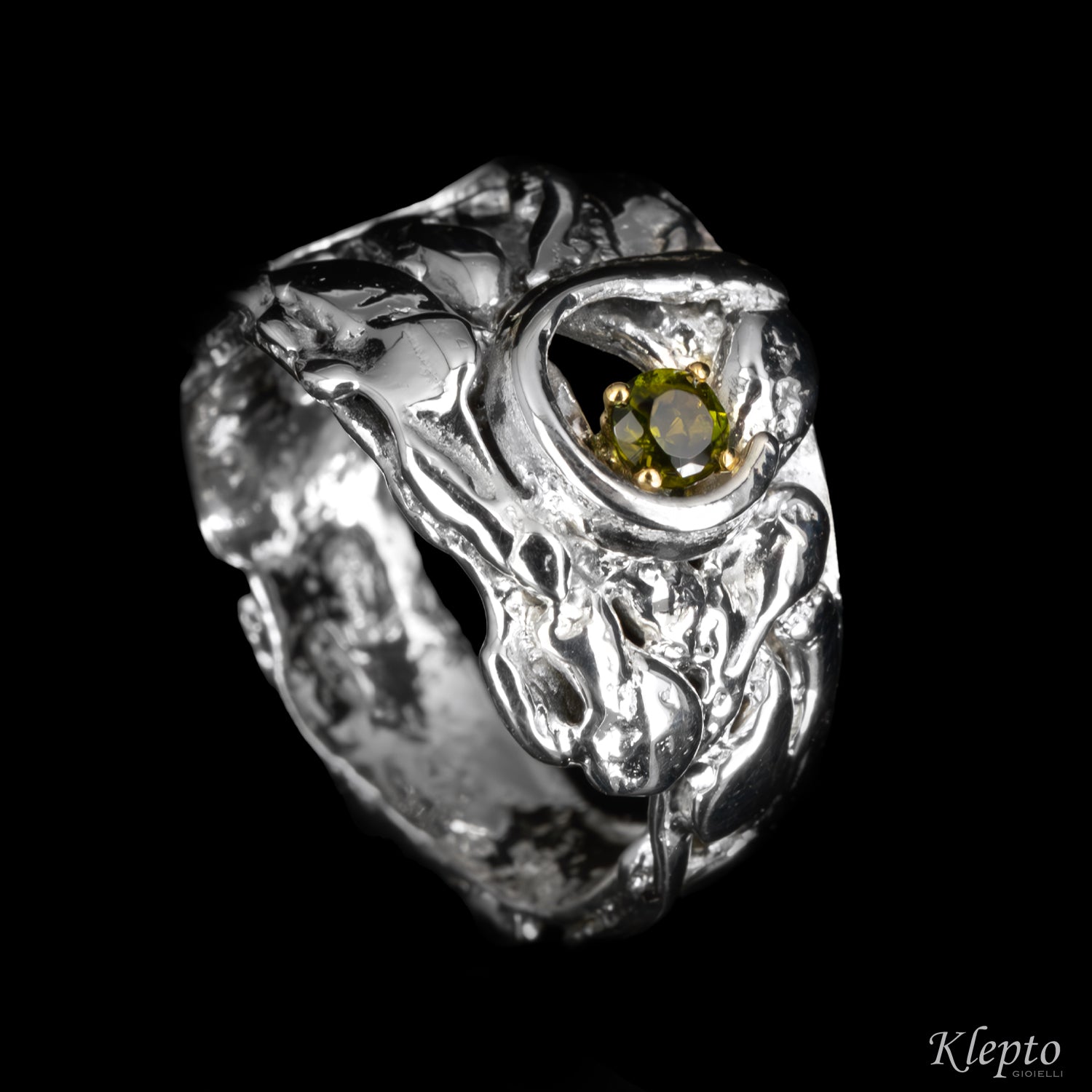 Silver Silnova® Ring with Green Tourmaline and Yellow Gold Details