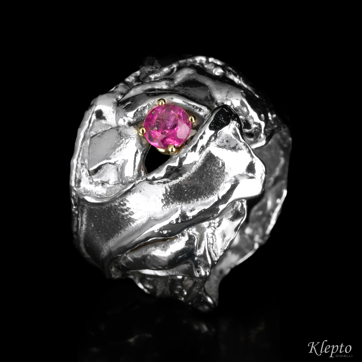 Silver ring Silnova® with pink tourmaline and yellow gold details