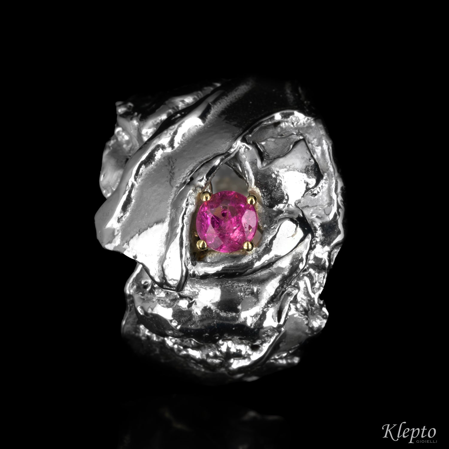 Silver ring Silnova® with pink tourmaline and yellow gold details