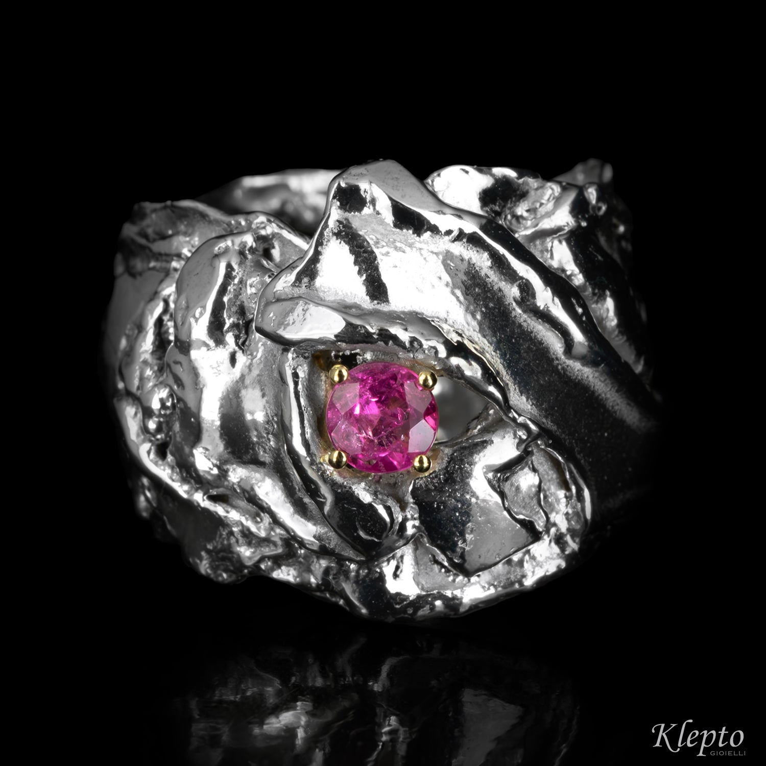 Silver ring Silnova® with pink tourmaline and yellow gold details