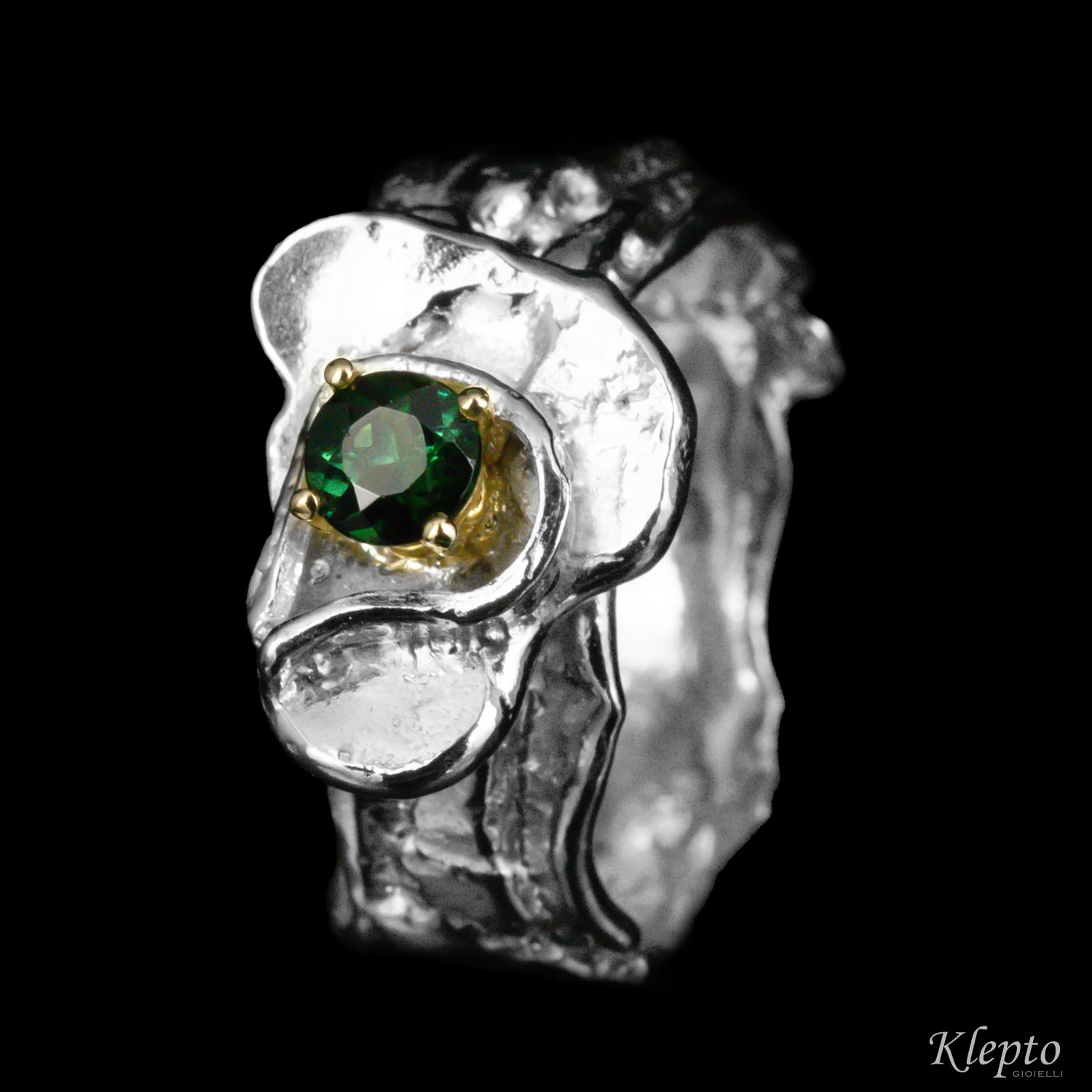 Silver Silnova® ring with green tourmaline and yellow gold details