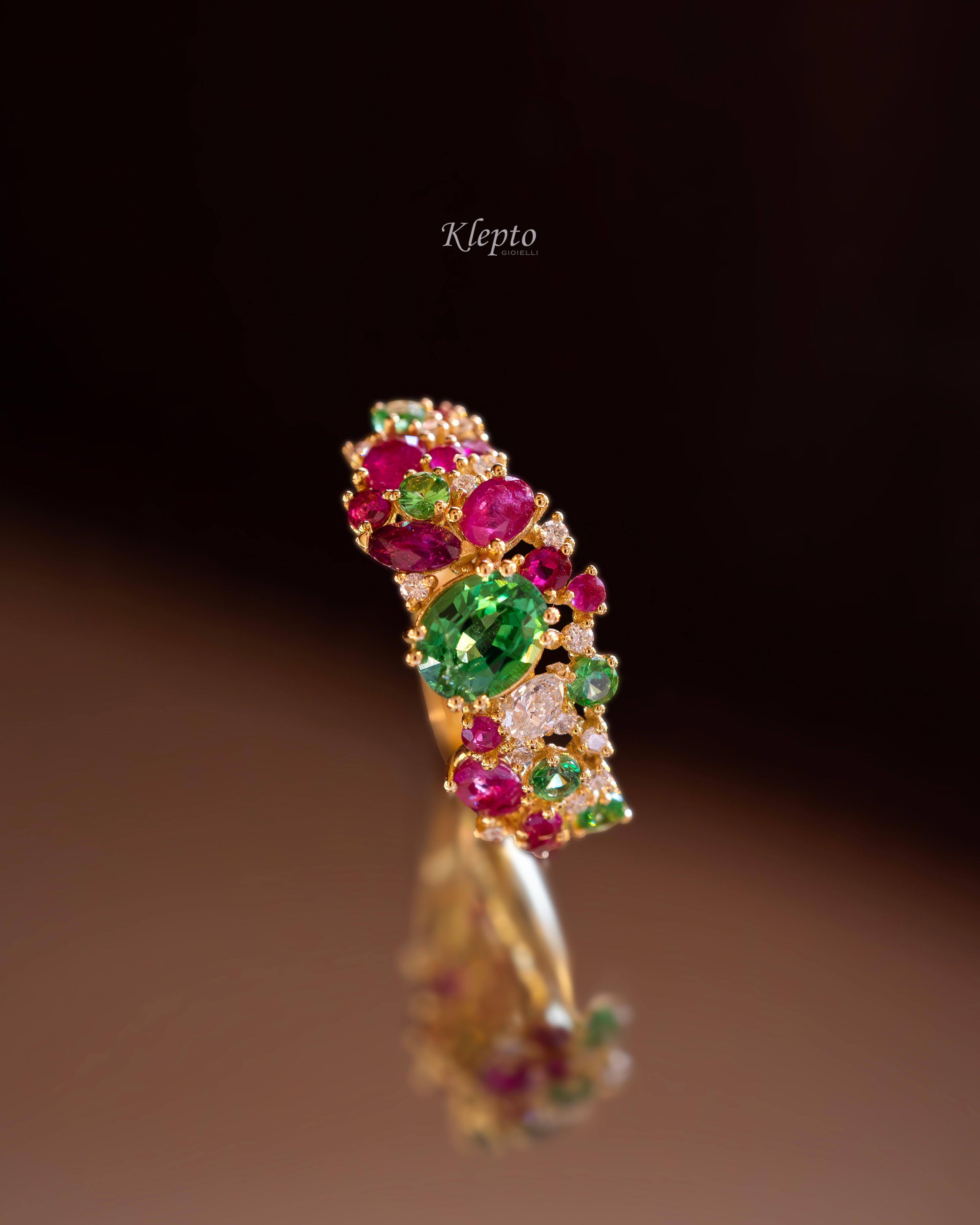Classic yellow gold ring with Tourmaline, Rubies, Tsavorites, and Diamonds