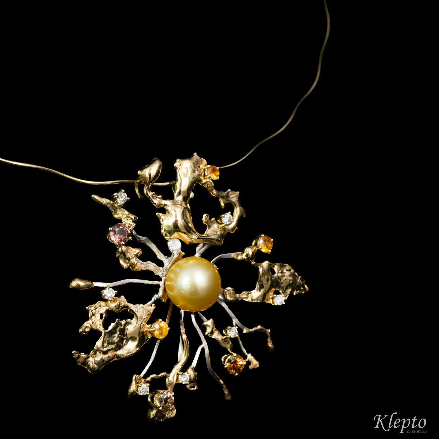"Big Bang" yellow and white gold necklace with Australian Gold Pearl, Sapphires and Diamonds
