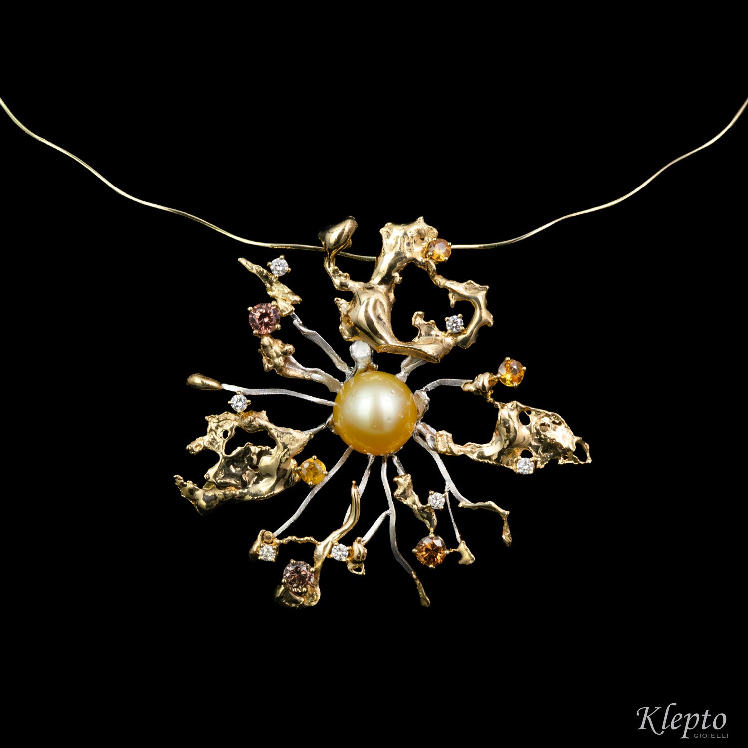 "Big Bang" yellow and white gold necklace with Australian Gold Pearl, Sapphires and Diamonds