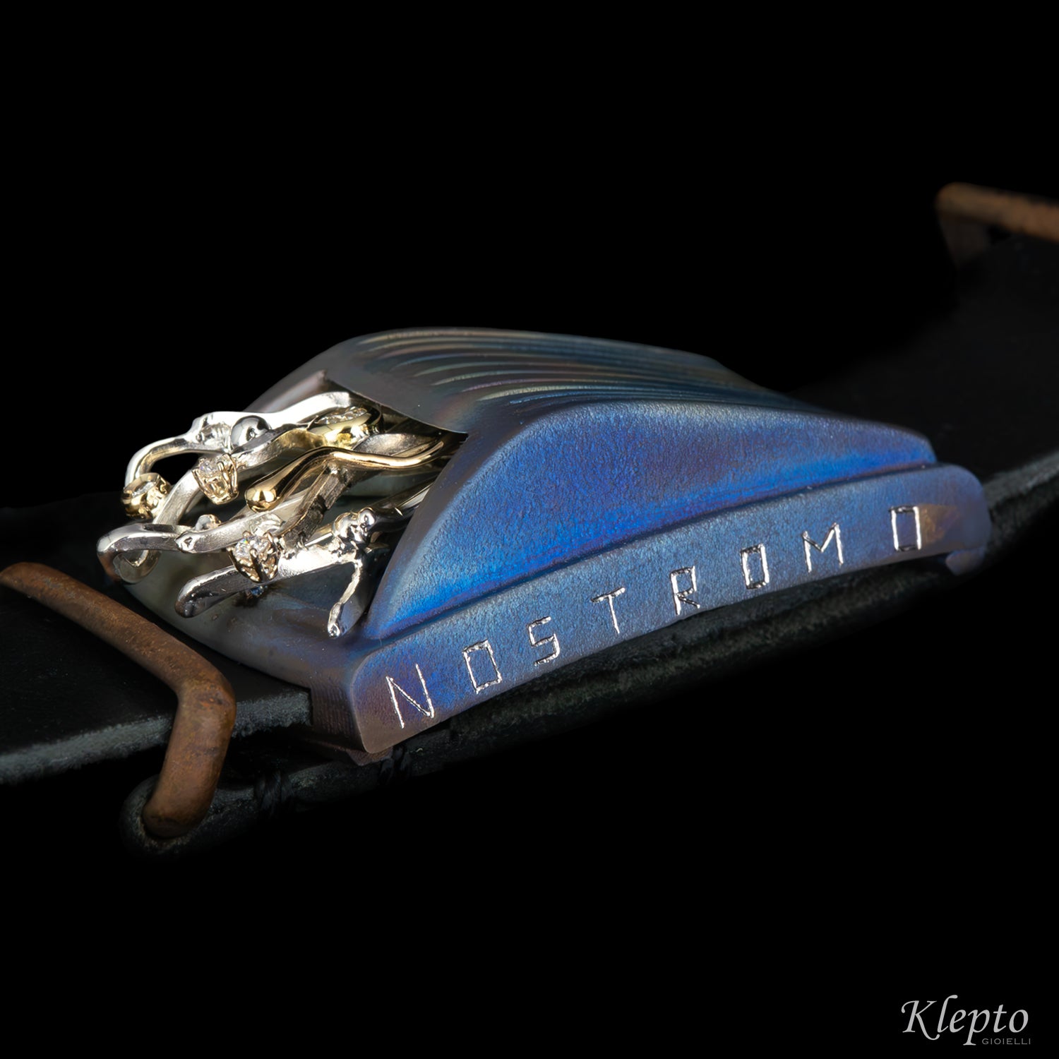 "Nostromo" Titanium Bracelet with Diamonds, Yellow Gold Details, and Silnova® Silver