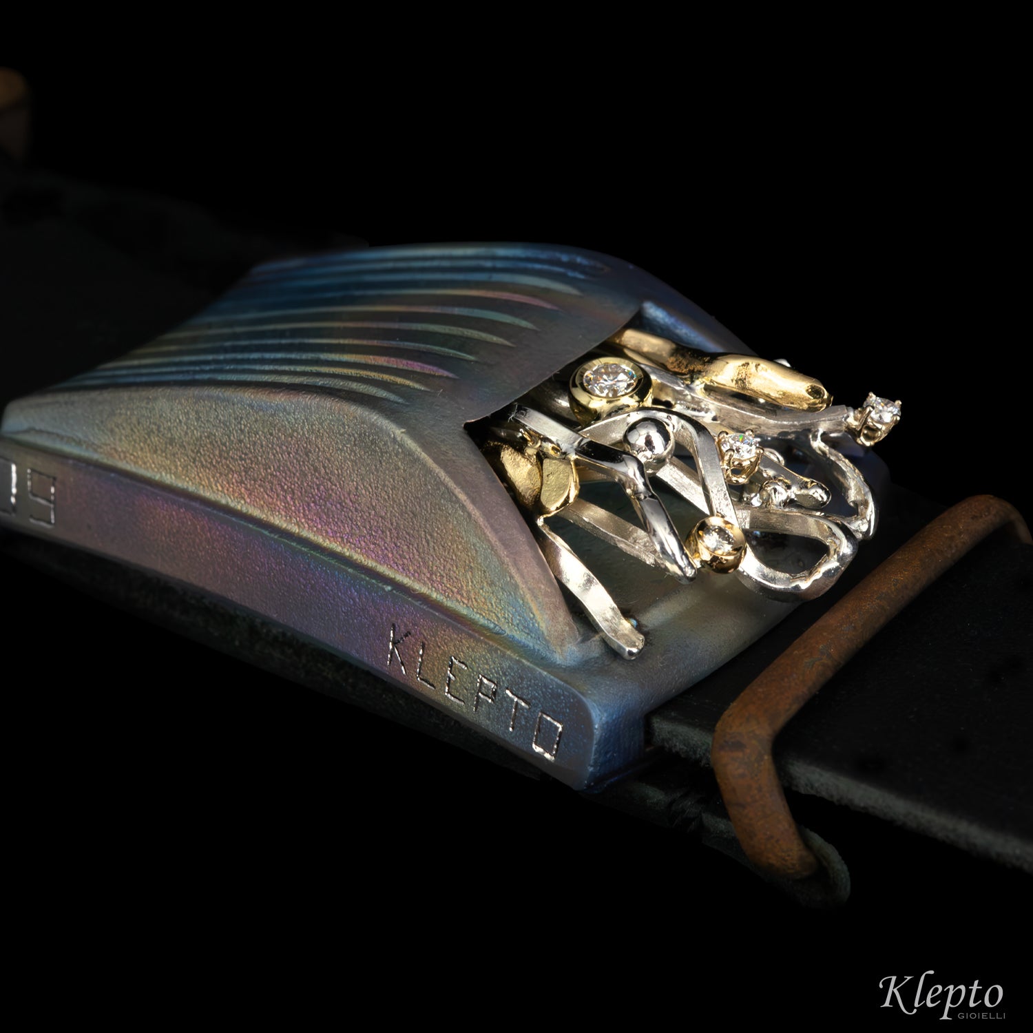 "Nostromo" Titanium Bracelet with Diamonds, Yellow Gold Details, and Silnova® Silver