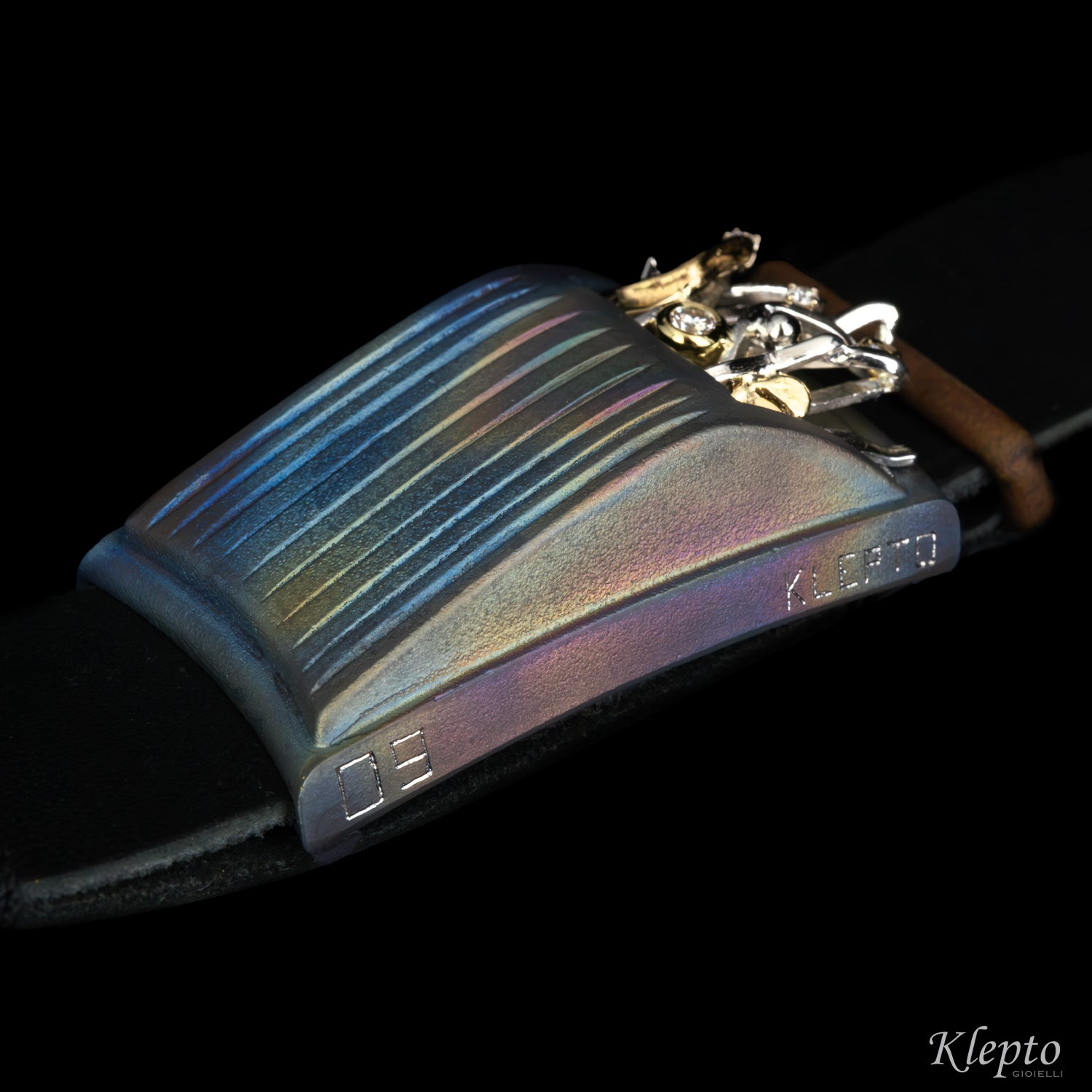 "Nostromo" Titanium Bracelet with Diamonds, Yellow Gold Details, and Silnova® Silver
